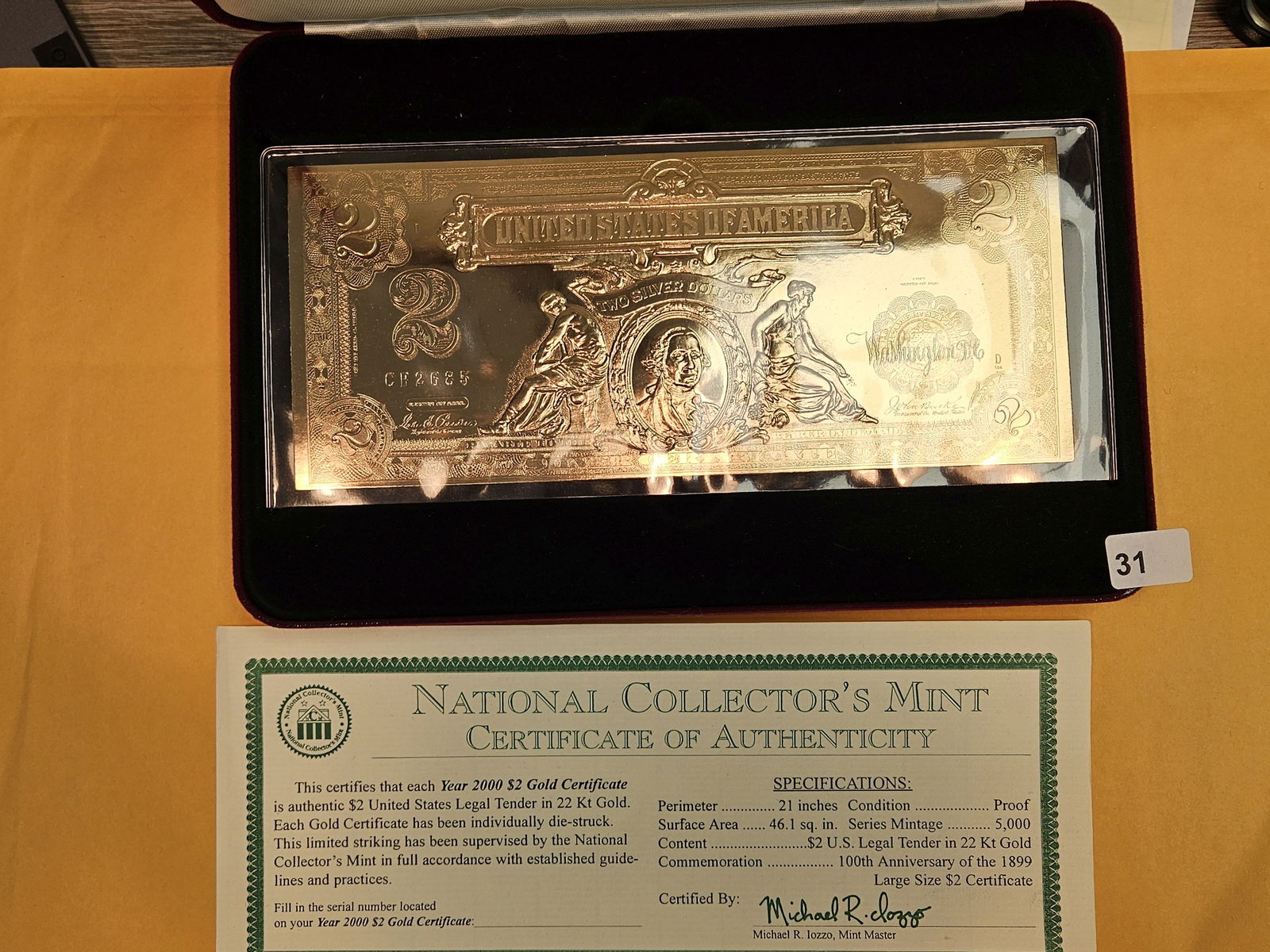 GOLD! Twenty-Two Karat gold Two Dollar Replica: Comes in box with COA. 