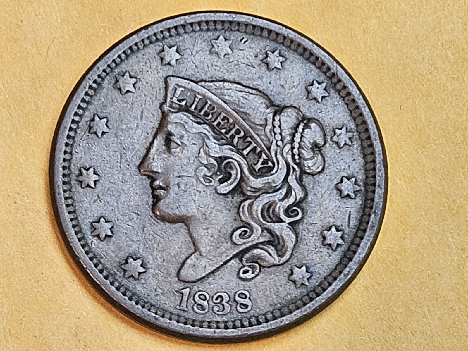 1838 Coronet Head Large cent in Extra Fine: Beaded Cord