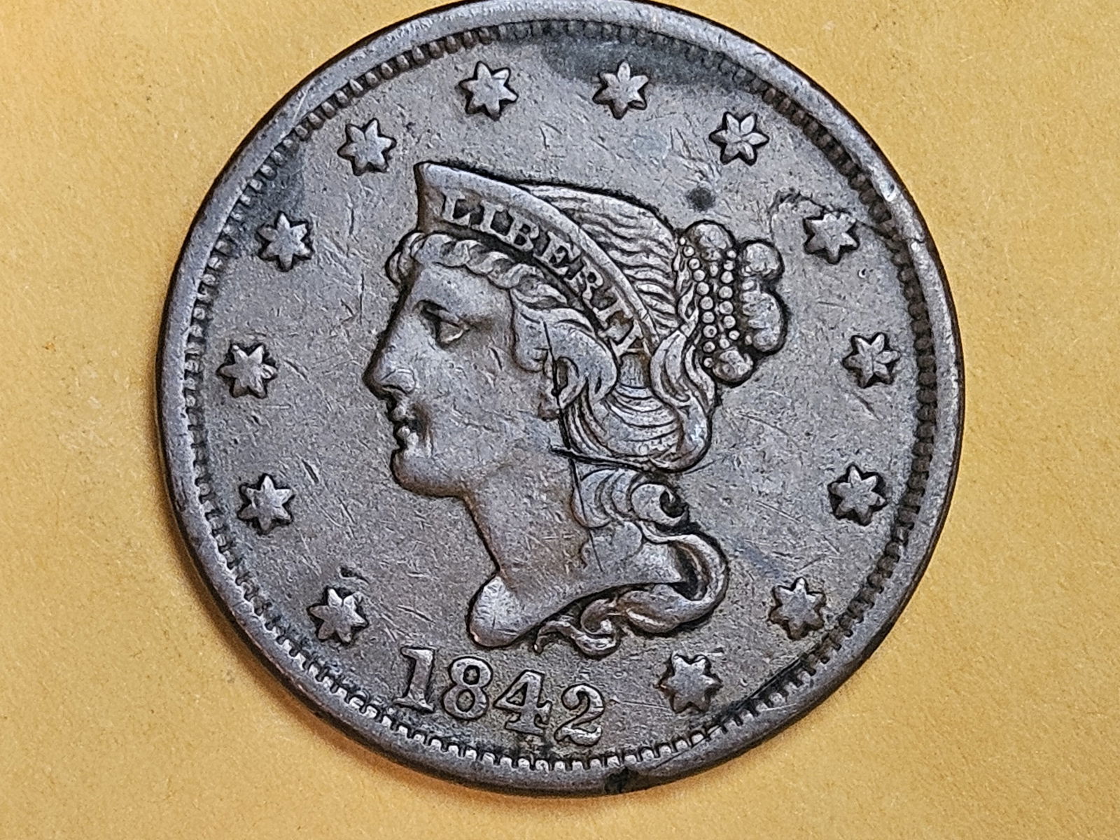 1842 Braided Hair Large cent in Extra Fine plus - details: Large Date 