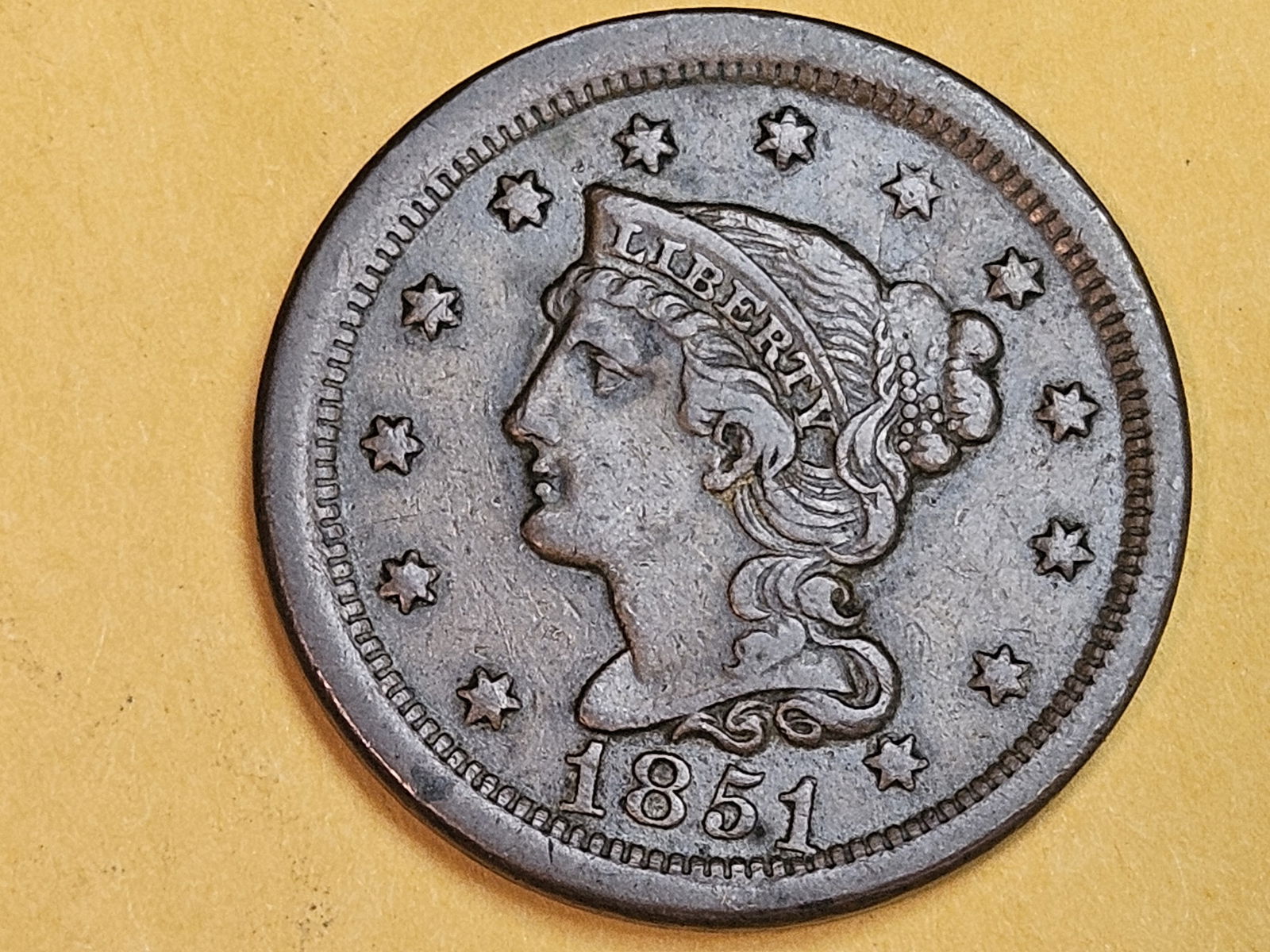 1851 Braided Hair Large Cent in About Uncirculated plus (1 of 4)