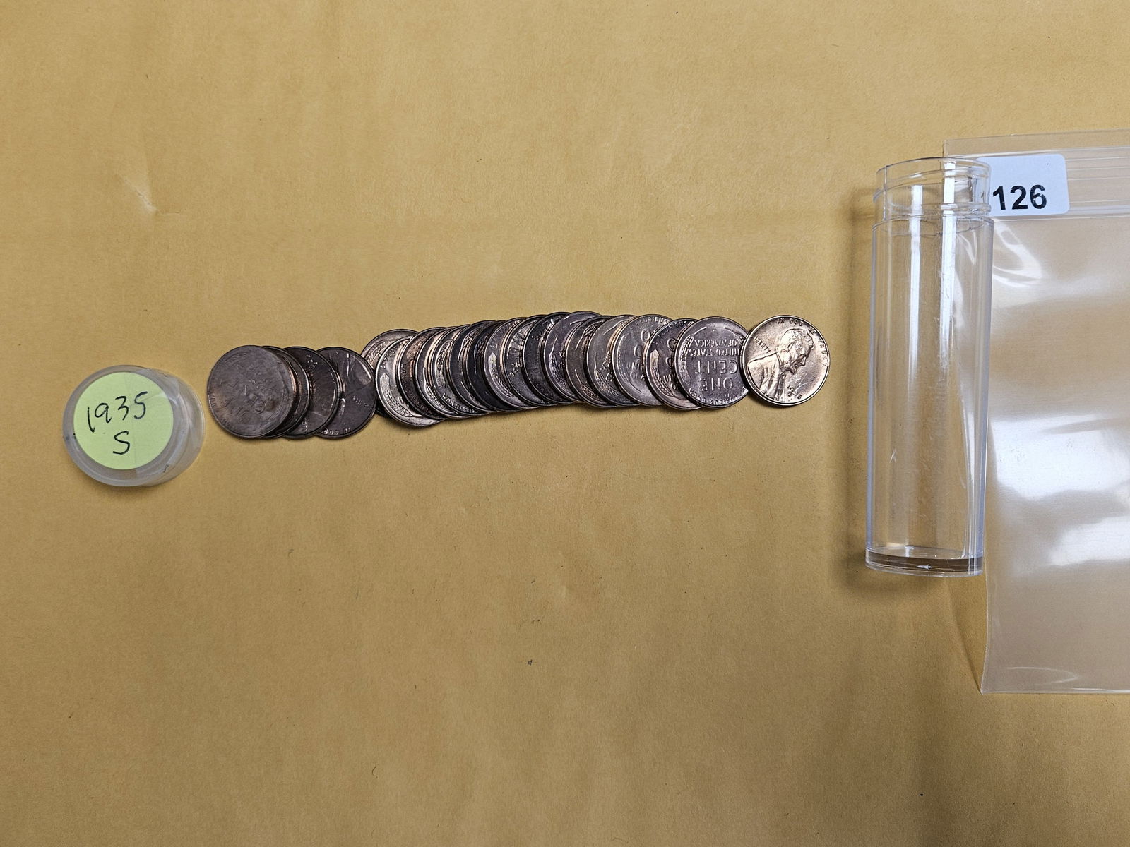 Twenty-One Brilliant Uncirculated Red 1935-S Wheat cents: Lovely partial rolls