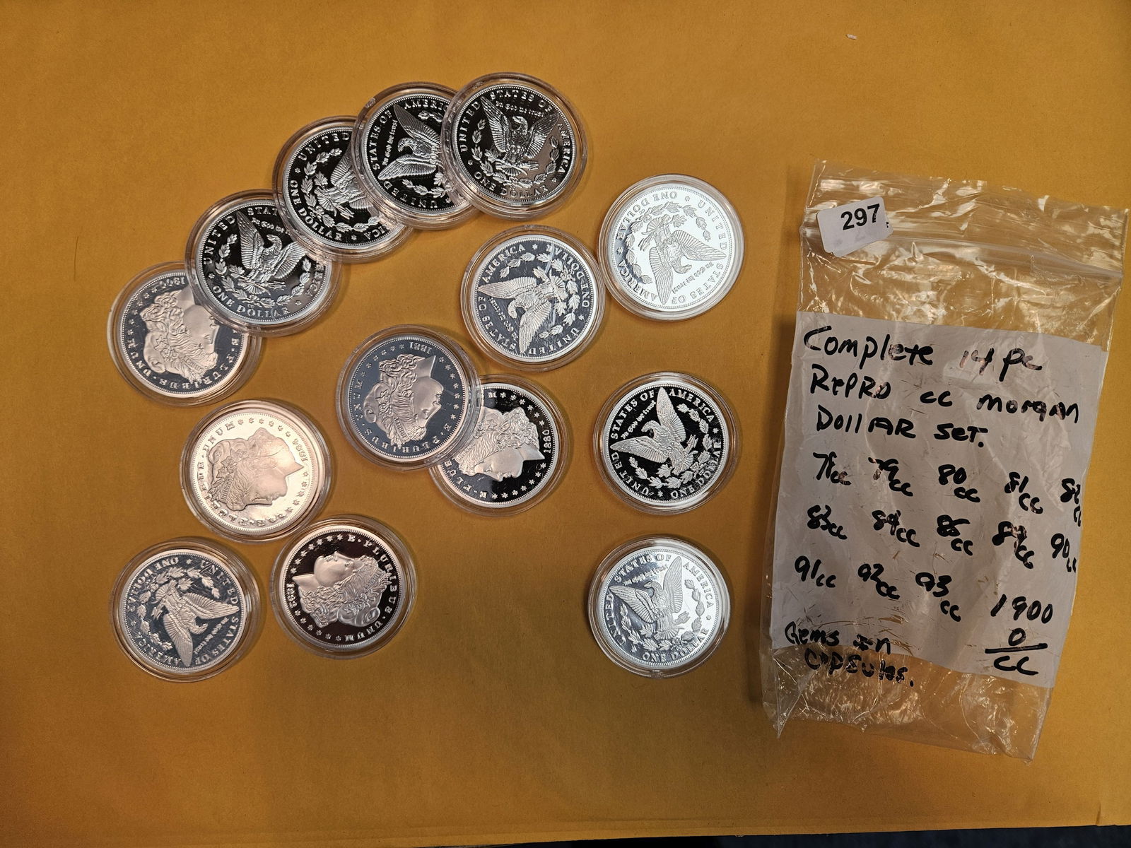 Complete reproduction set of proof replica CC morgan dollars: All copies. All in capsules 