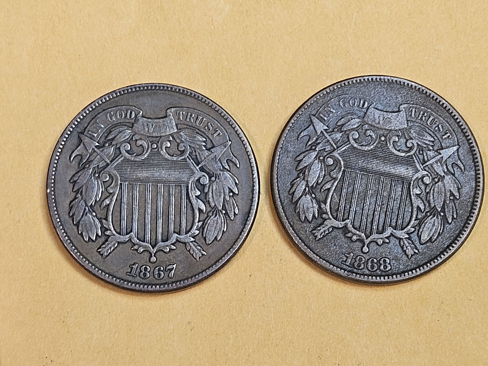 1867 and 1868 Two Cent pieces (1 of 3)