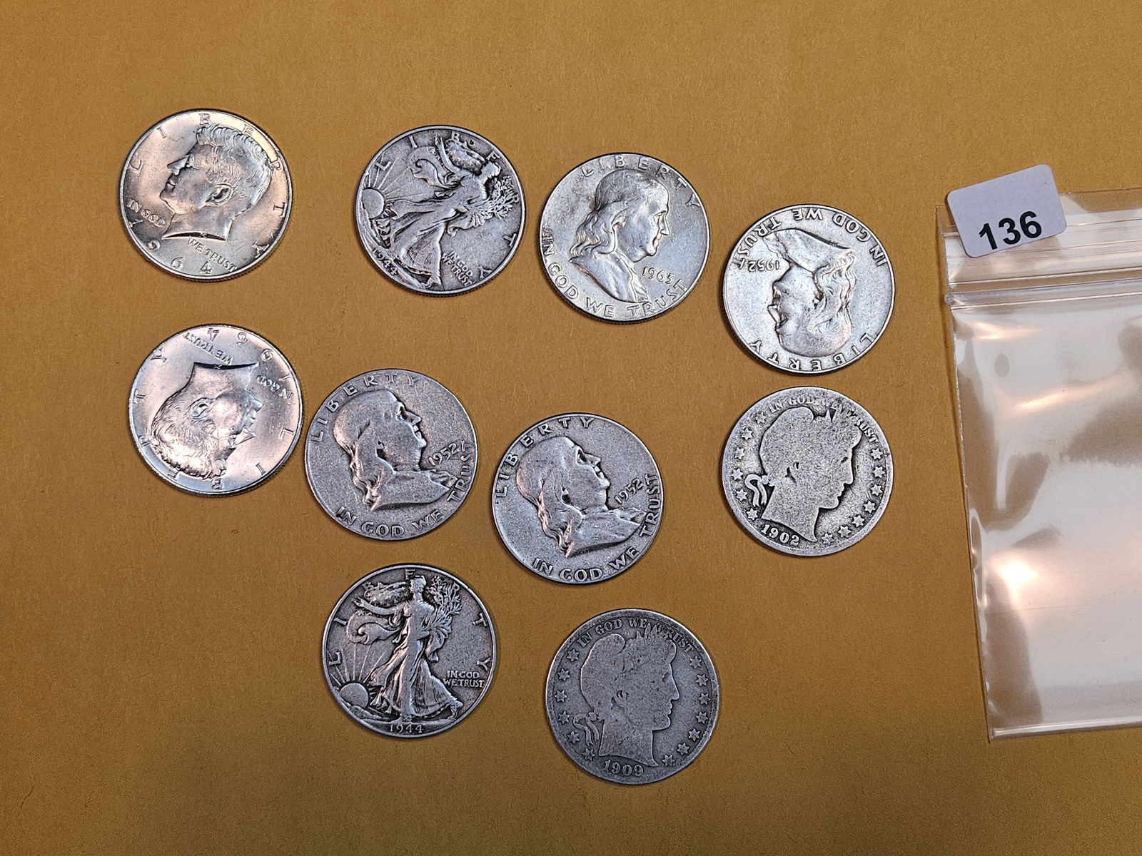 Ten mixed silver Half Dollars: Walkers, Kennedy and Barber 