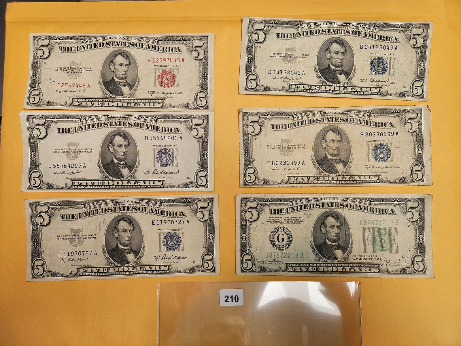 Six mixed Five Dollar FRNs and Silver Certificates (1 of 2)