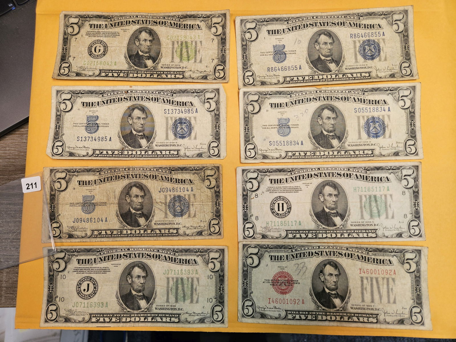 Eight mixed Five Dollar FRNs and Silver Certificates (1 of 2)