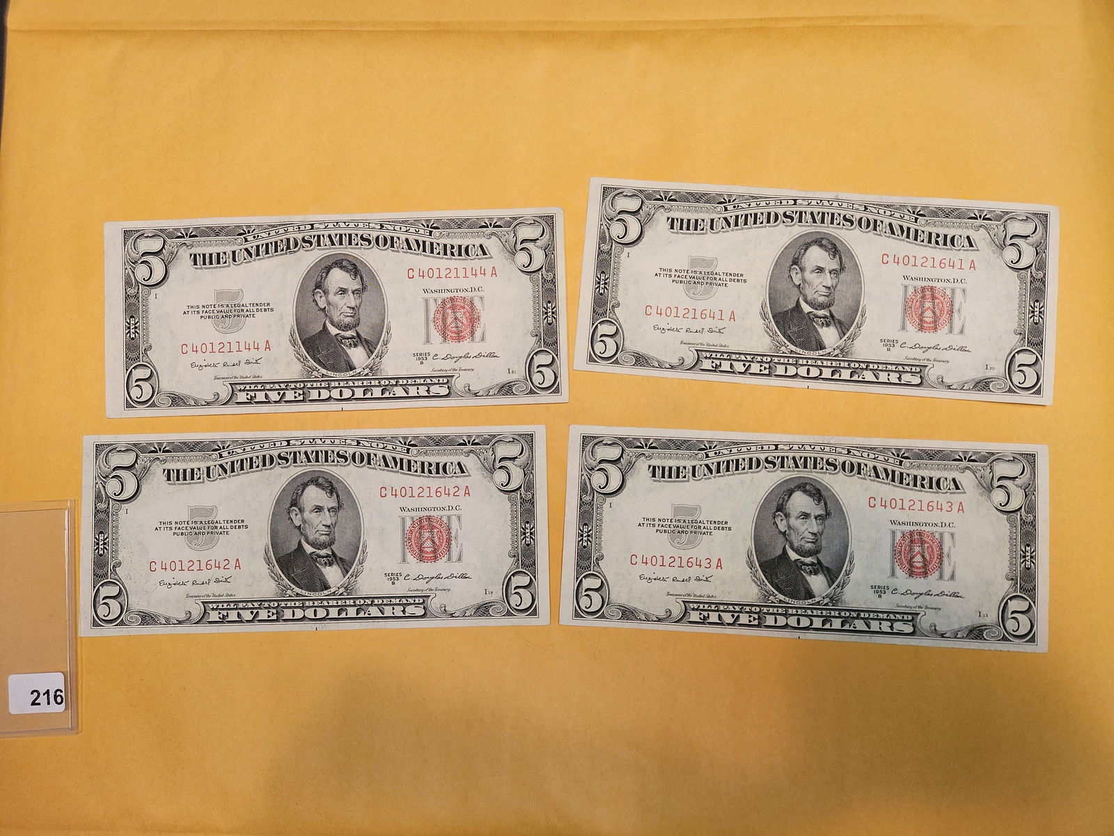 Four Crisp Uncirculated, Consecutive, Five Dollar US Notes (1 of 2)