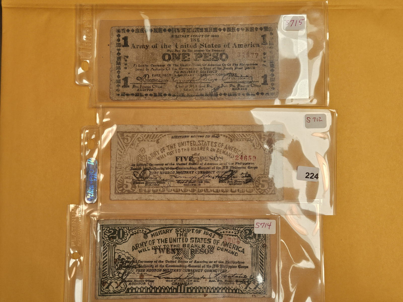 Three Better Military Script of 1943 one, five and Twenty peso notes (1 of 7)