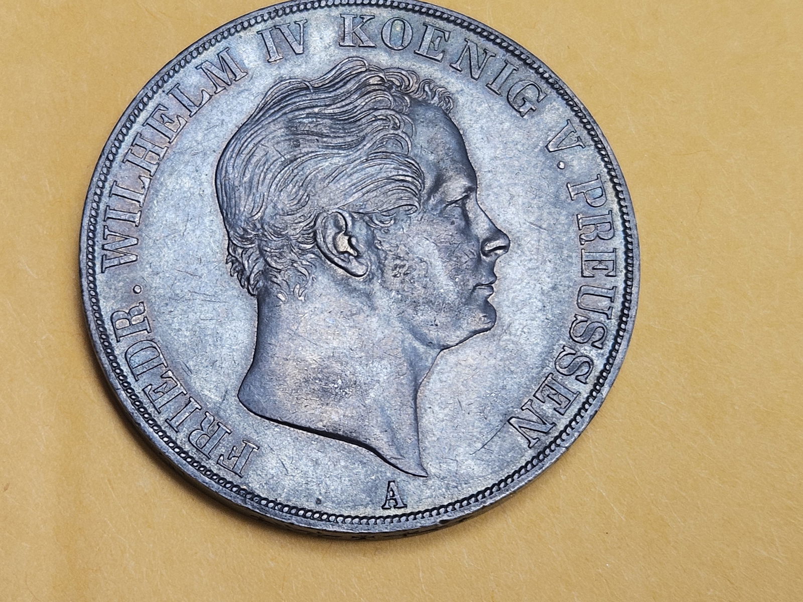 Sharp About Uncirculated 1850-A German States Prussia silver 2 taler: KM 440. Great patina 