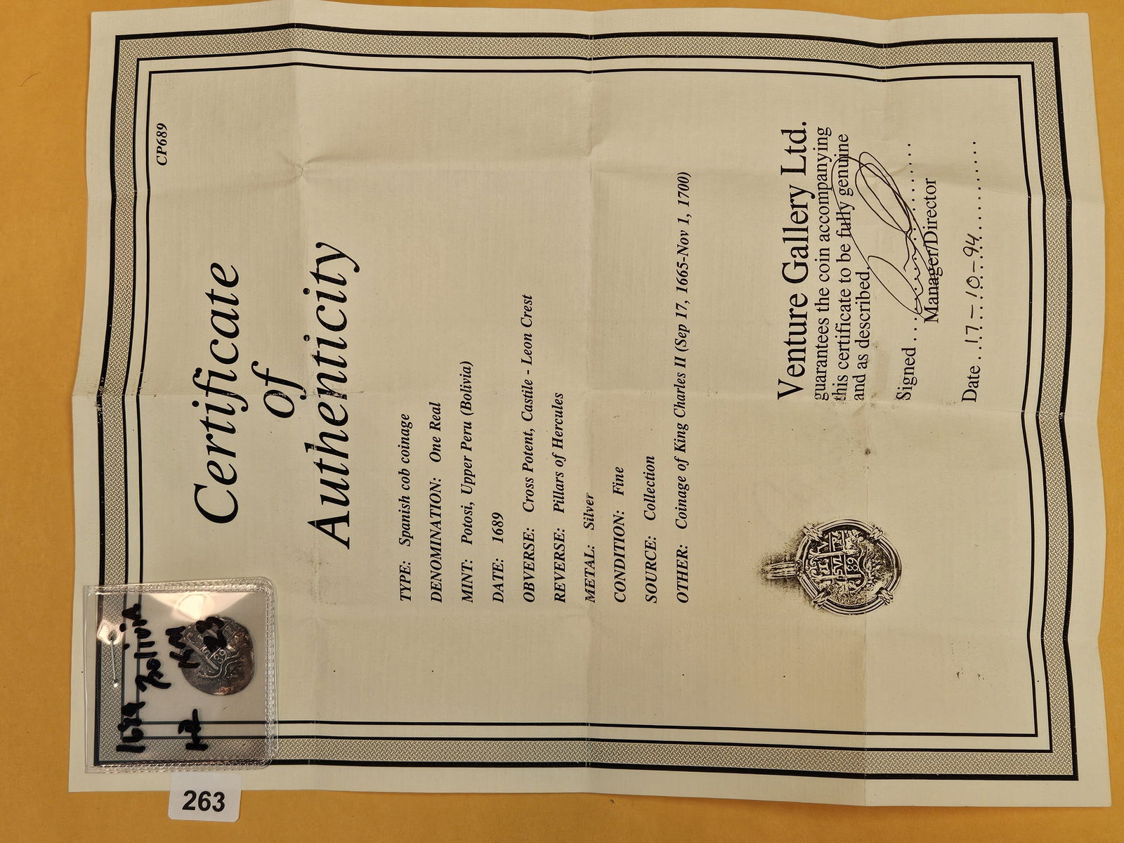 1689 Spanish silver cob: Potosi. Upper Peru-Bolivia