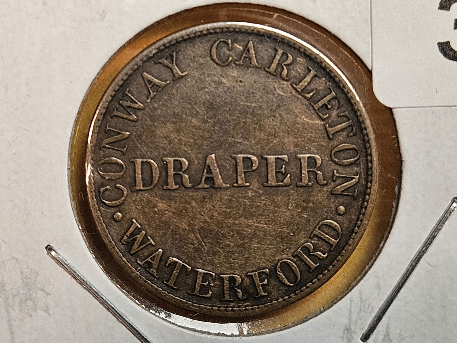 Scarce 1841 Ireland Copper Merchant's token: Conway Carleton Waterford Draper 