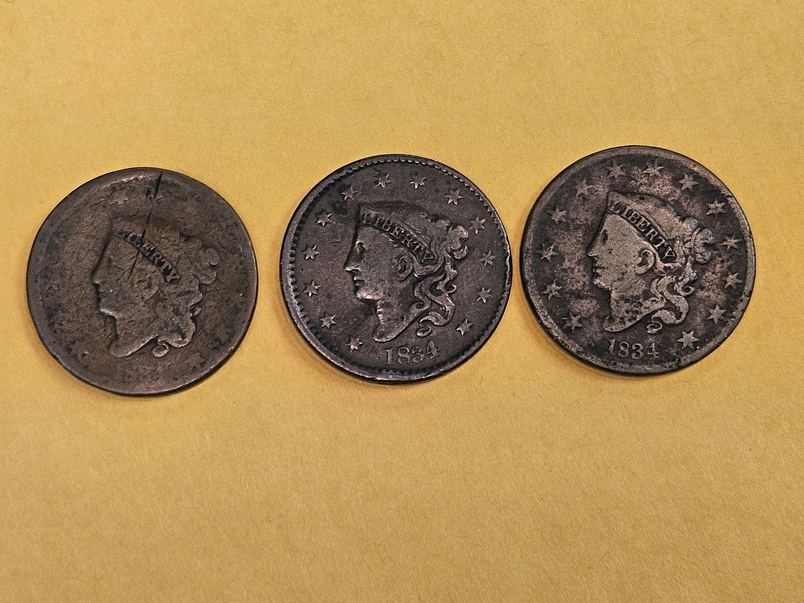 Three varieties of 1834 Coronet Head large cents: None are the BIG one, though 