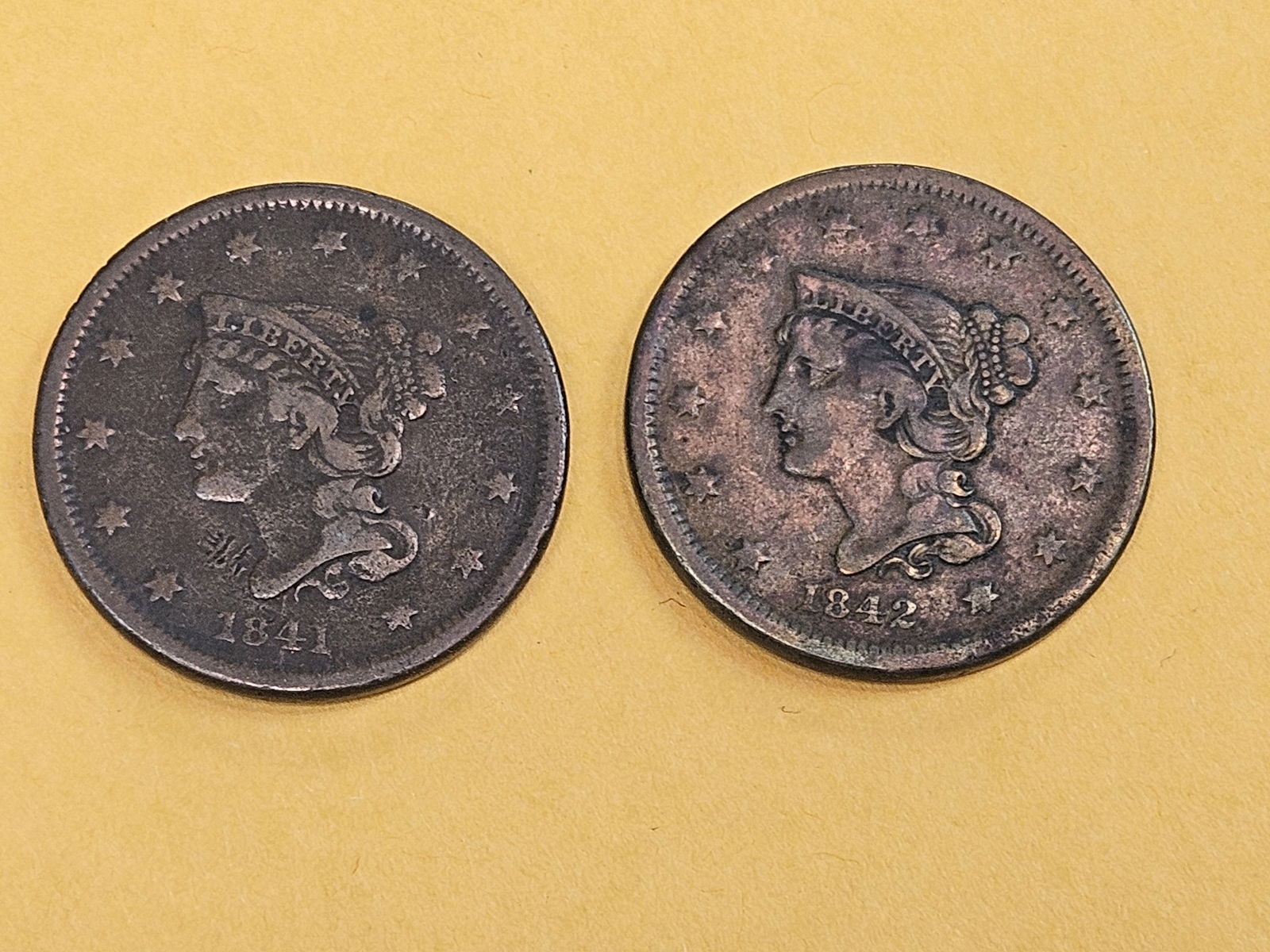 1841 and 1842 Braided Hair Large Cents: Both in Very Fine - details 