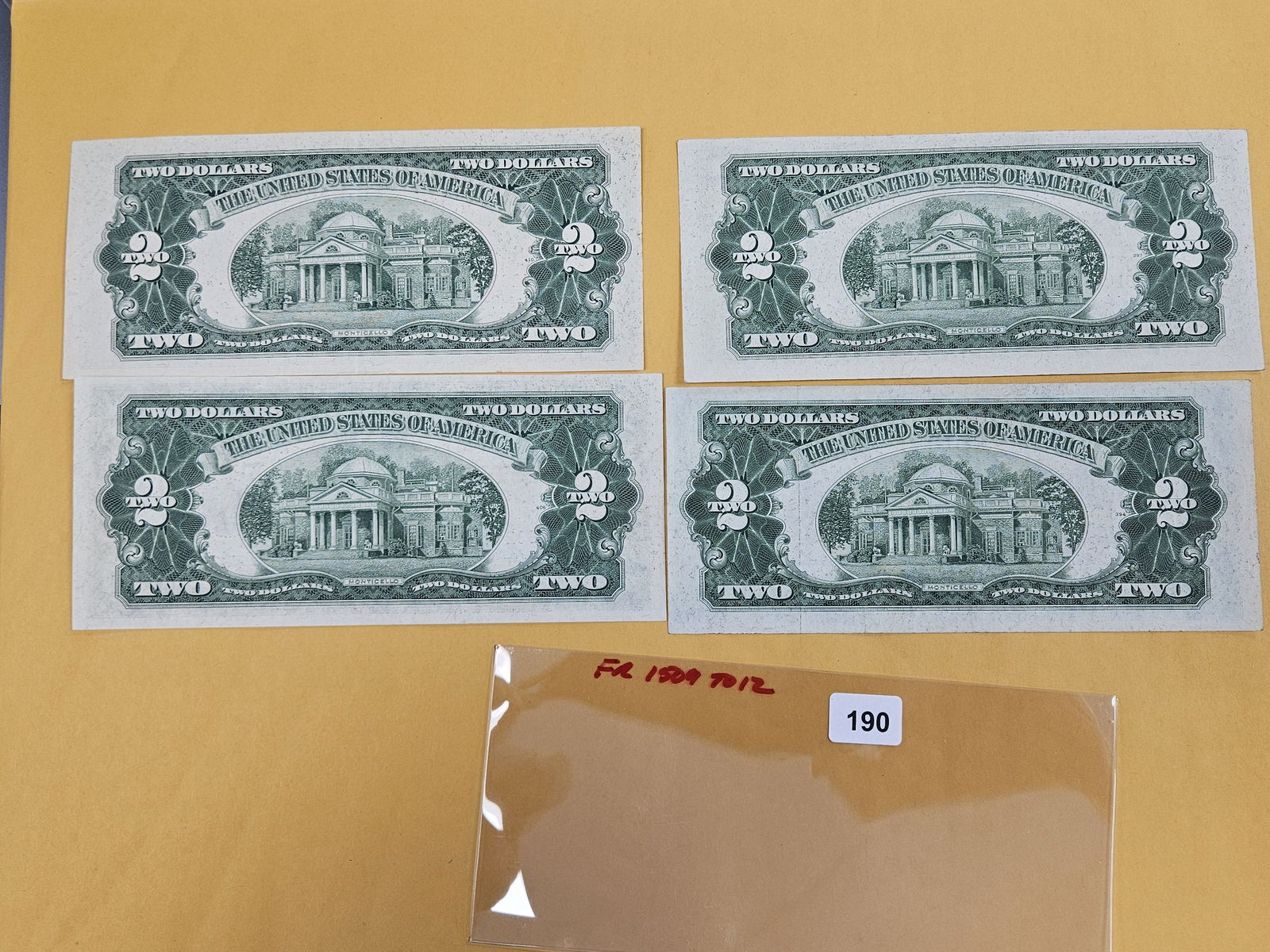 Four Crisp Uncirculated Two Dollar Red Seal US Notes - 2