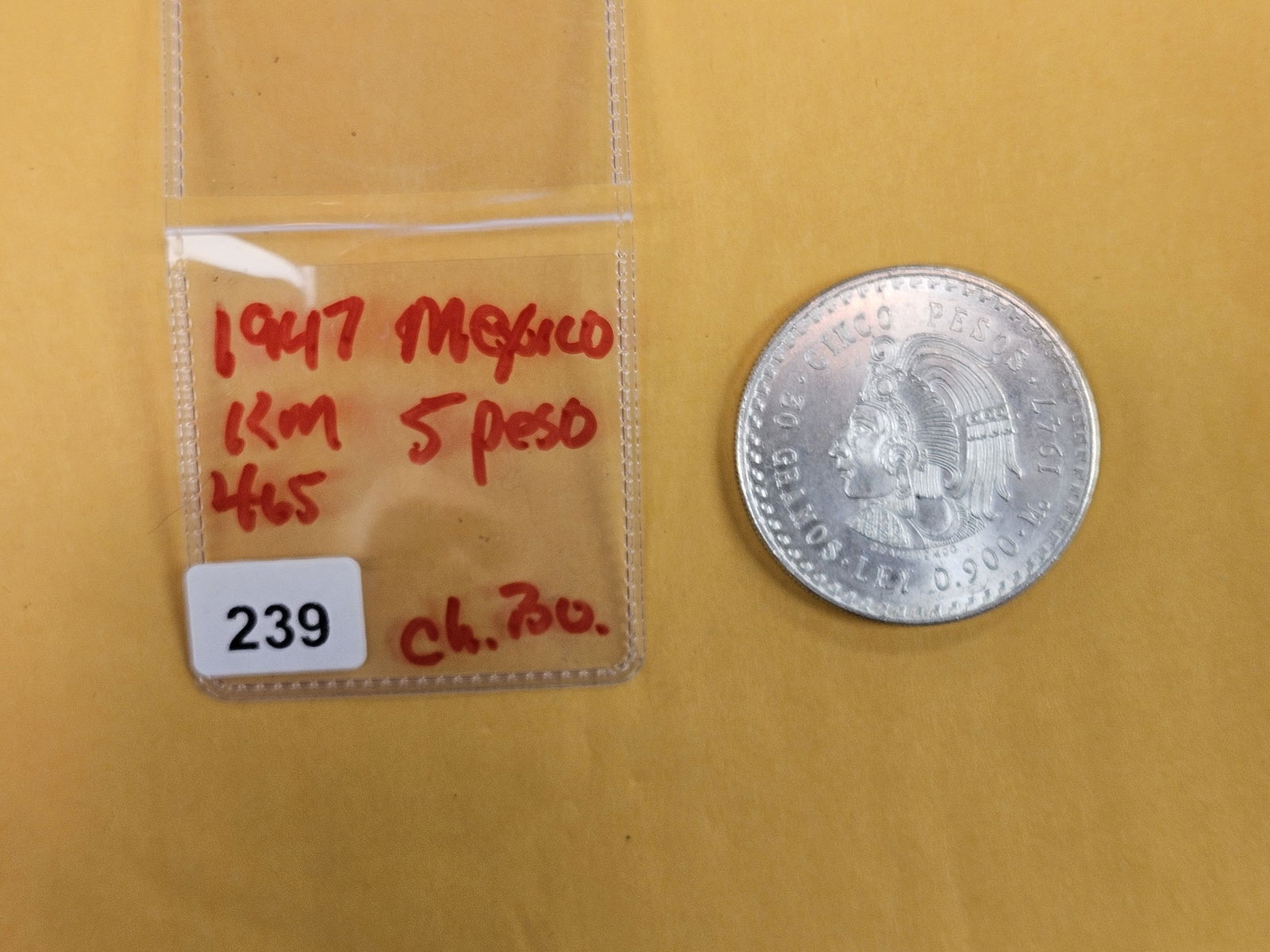 Choice Brilliant Uncirculated 1947 Mexico silver 5 pesos - 2