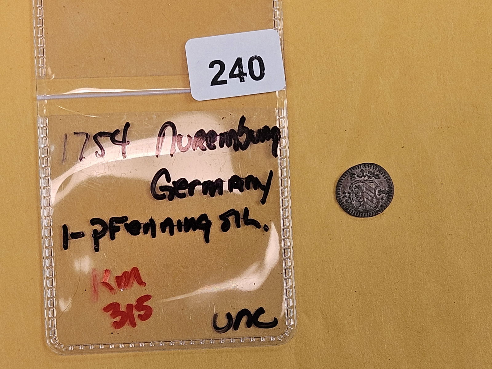 Uncirculated 1754 Nuremburg Germany silver 1 pfenning - 2