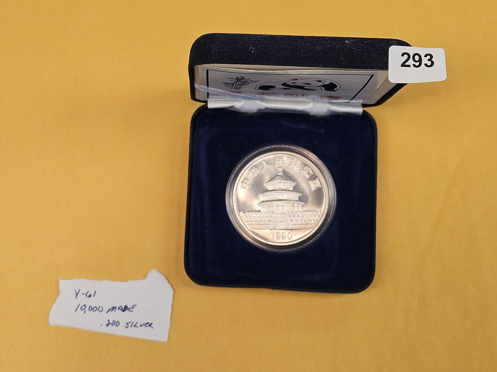 1990 China Silver 10 yuan in OGP: With COA. Y-61. Low Mintage 