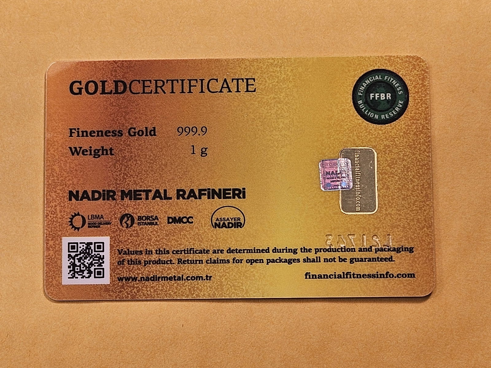 GOLD! Financial Fitness Bullion Reserve 1 Gram 99.99 Fine Mini Gold Bar - 3