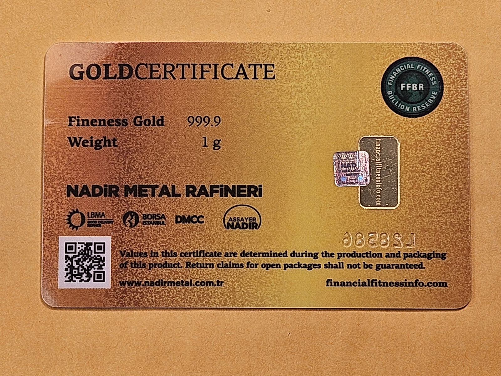 GOLD! Financial Fitness Bullion Reserve 1 Gram 99.99 Fine Mini Gold Bar - 3