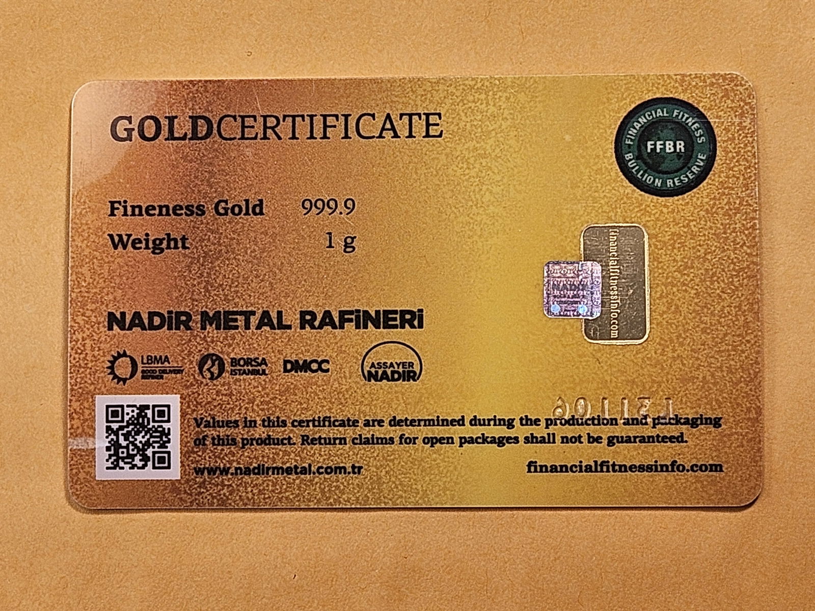 GOLD! Financial Fitness Bullion Reserve 1 Gram 99.99 Fine Mini Gold Bar - 3