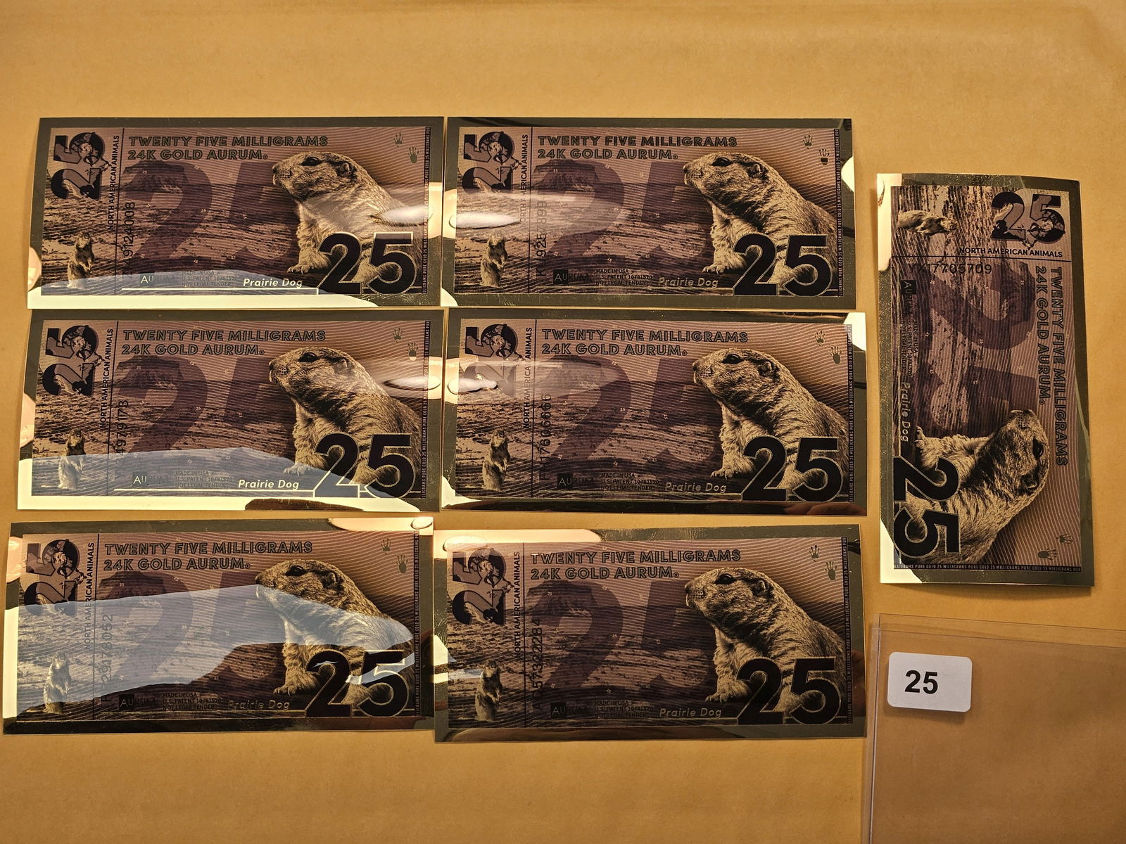 Seven 24 Karat Gold Prairie Dog Notes: Each Note is 25 Milligrams of 24 Karat Gold