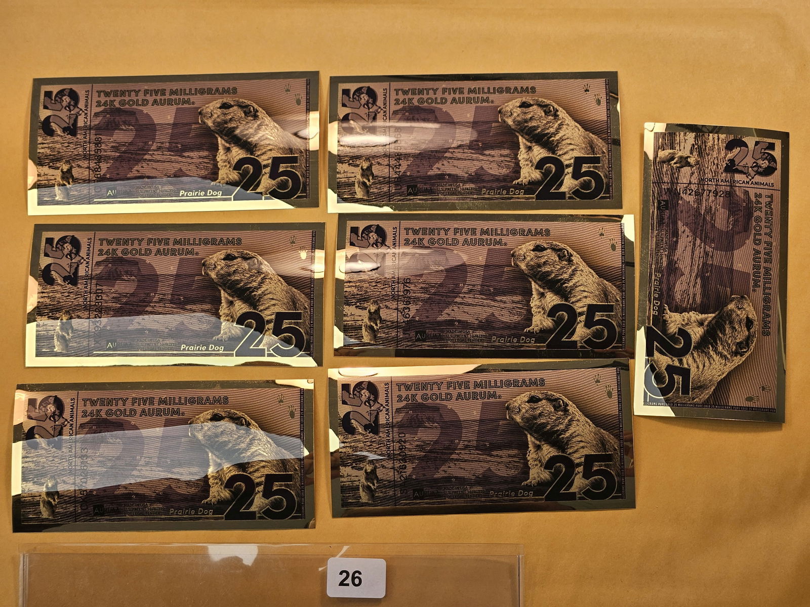 Seven 24 Karat Gold Prairie Dog Notes: Each Note is 25 Milligrams of 24 Karat Gold