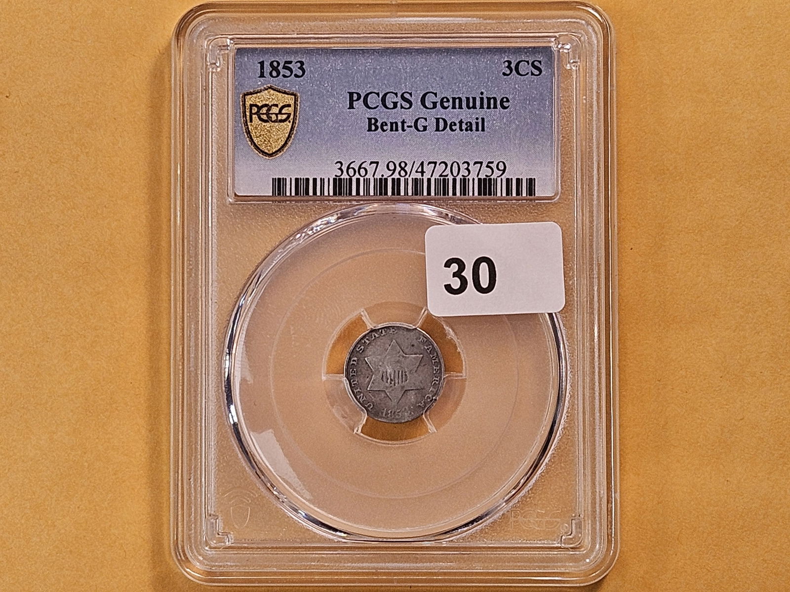PCGS 1853 Three Cent Silver in Genuine Bent-Good -details - 2