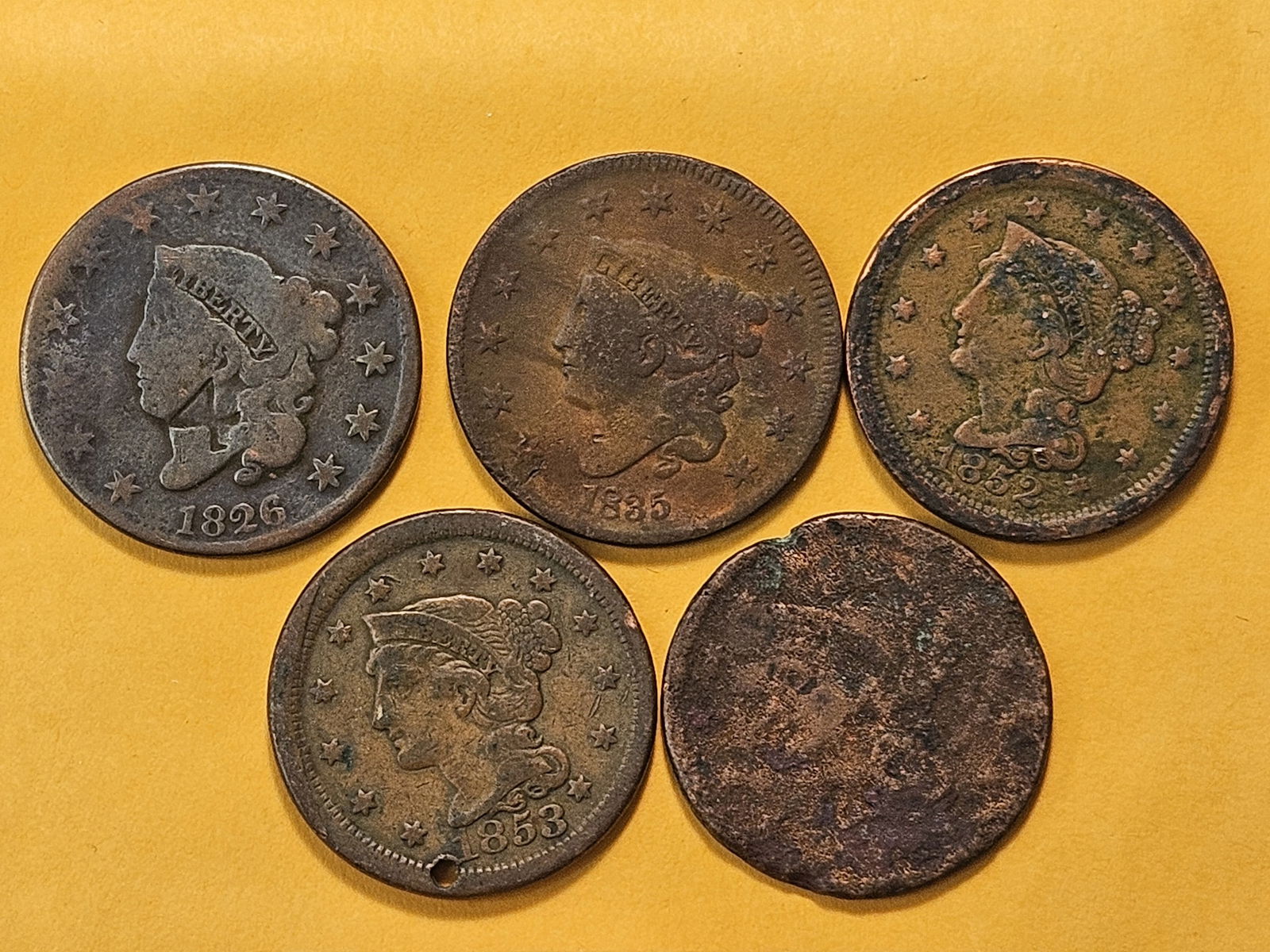 Five Circulated Large Cents - 2