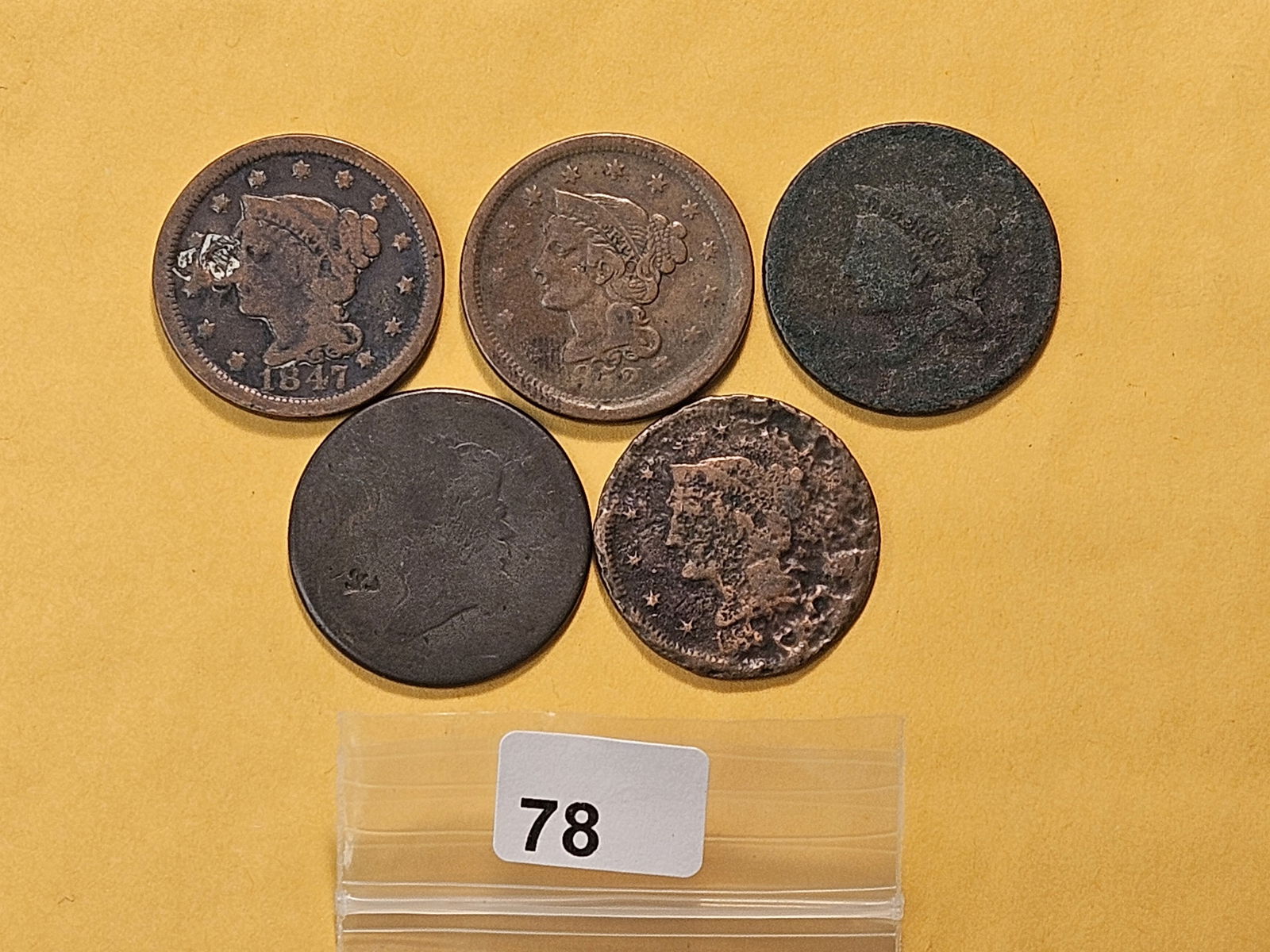 Five Circulated Large Cents: Dateless Classic Head and Coronet Head Large Cents, with 1847 and 1852 Braided Hair Large Cents 