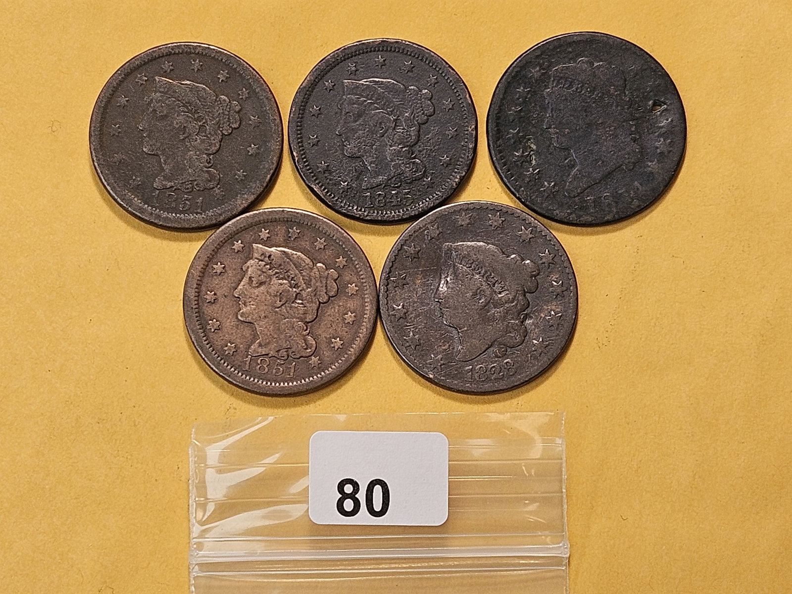 Five Circulated Large Cents: Dateless Classic Head, 1828 Coronet Head, with 1845 and two 1851 Braided Hair Large Cents 