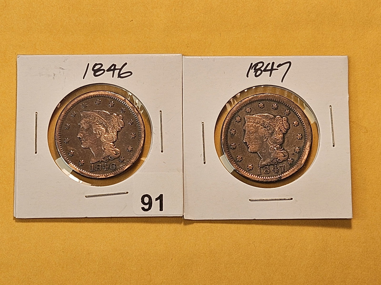 Two Circulated Braided Hair Large Cents: 1846 and 1847 