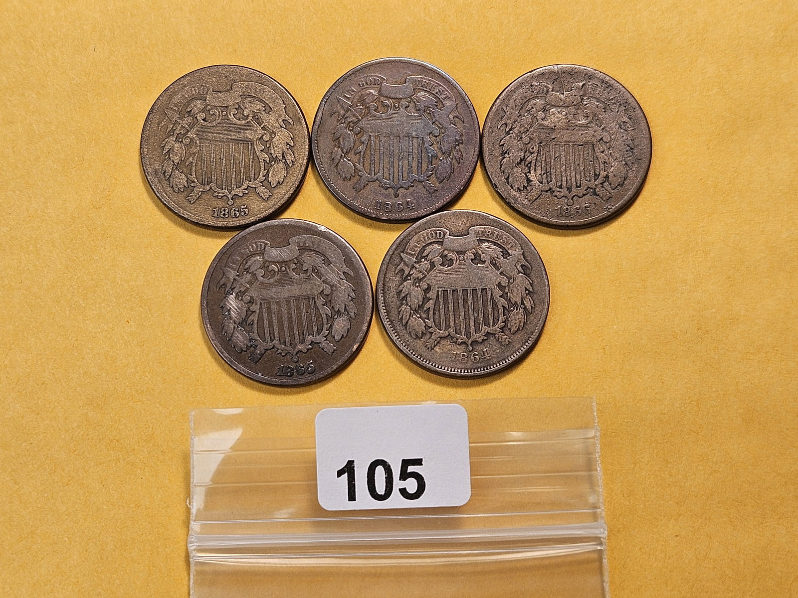 Five Circulated Two Cent Pieces (1 of 4)