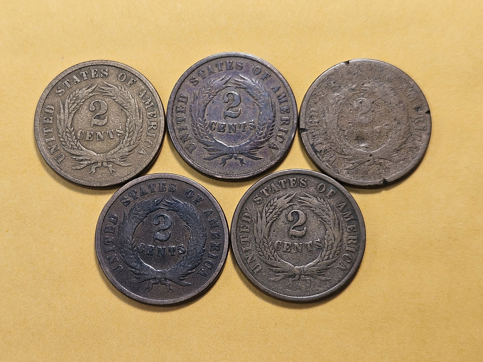 Five Circulated Two Cent Pieces - 4