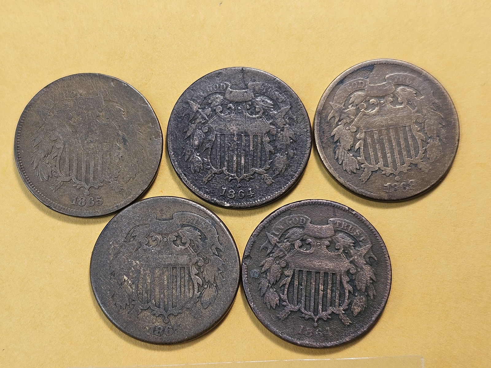 Five Circulated Two Cent Pieces - 2