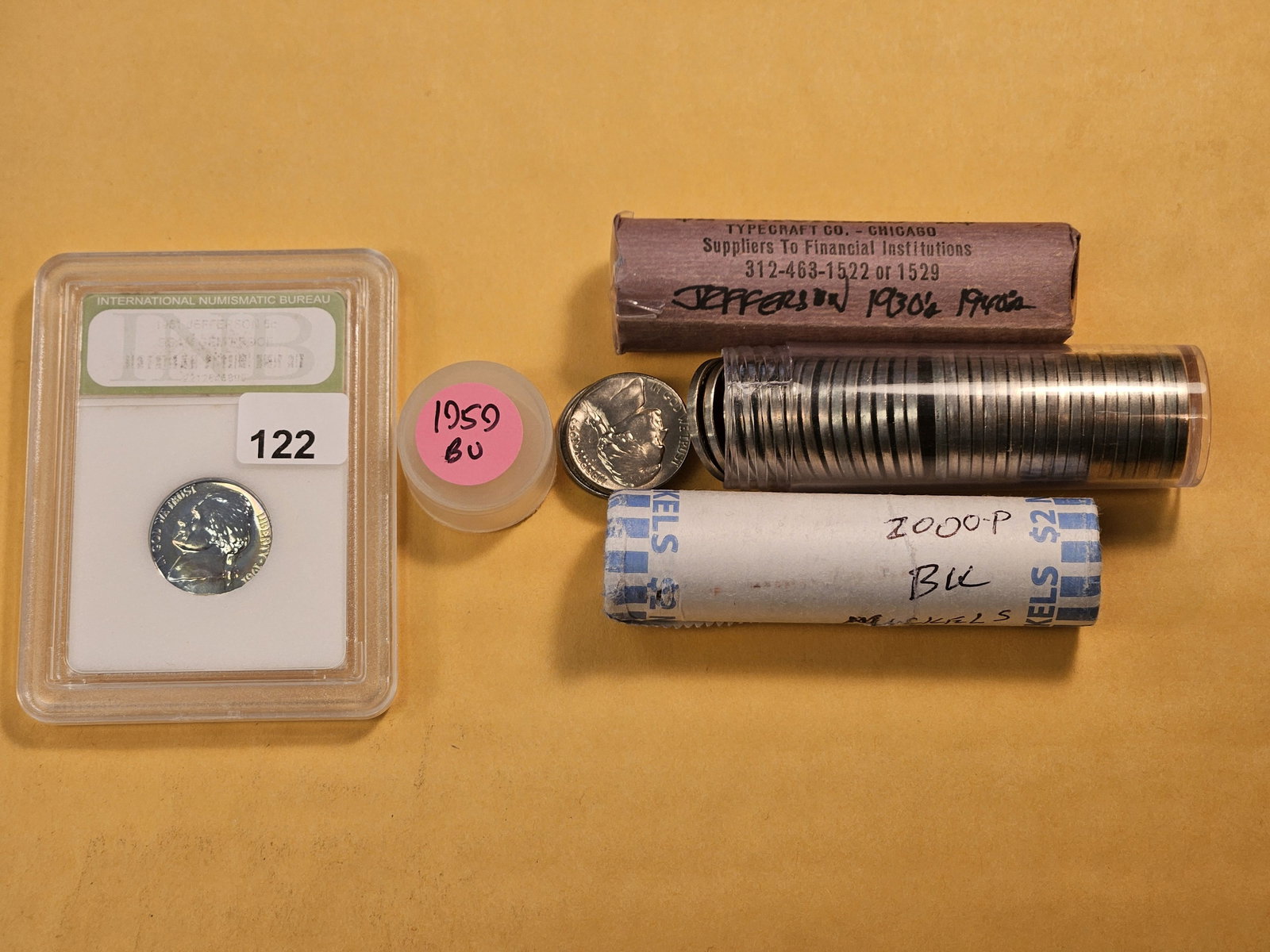 Three Rolls of Jefferson Nickels and a 1961 Proof Jefferson Nickel: Circulated Mixed roll of 1930s and 40s. 1959 and 2000 rolls are Brilliant Uncirculated. From consigner and unchecked by us 