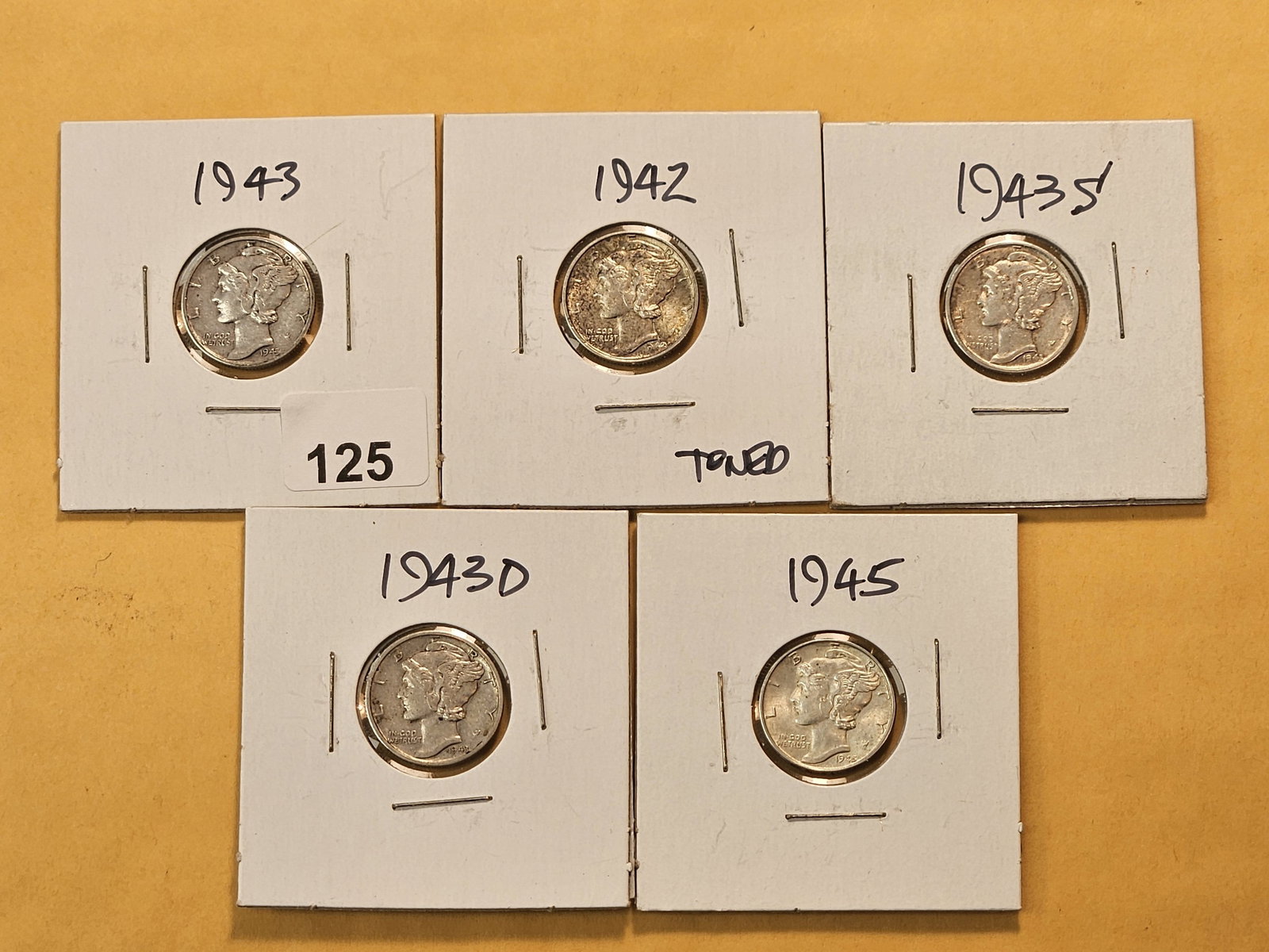 Two Brilliant Uncirculated and three Circulated Mercury Silver Dimes (1 of 5)