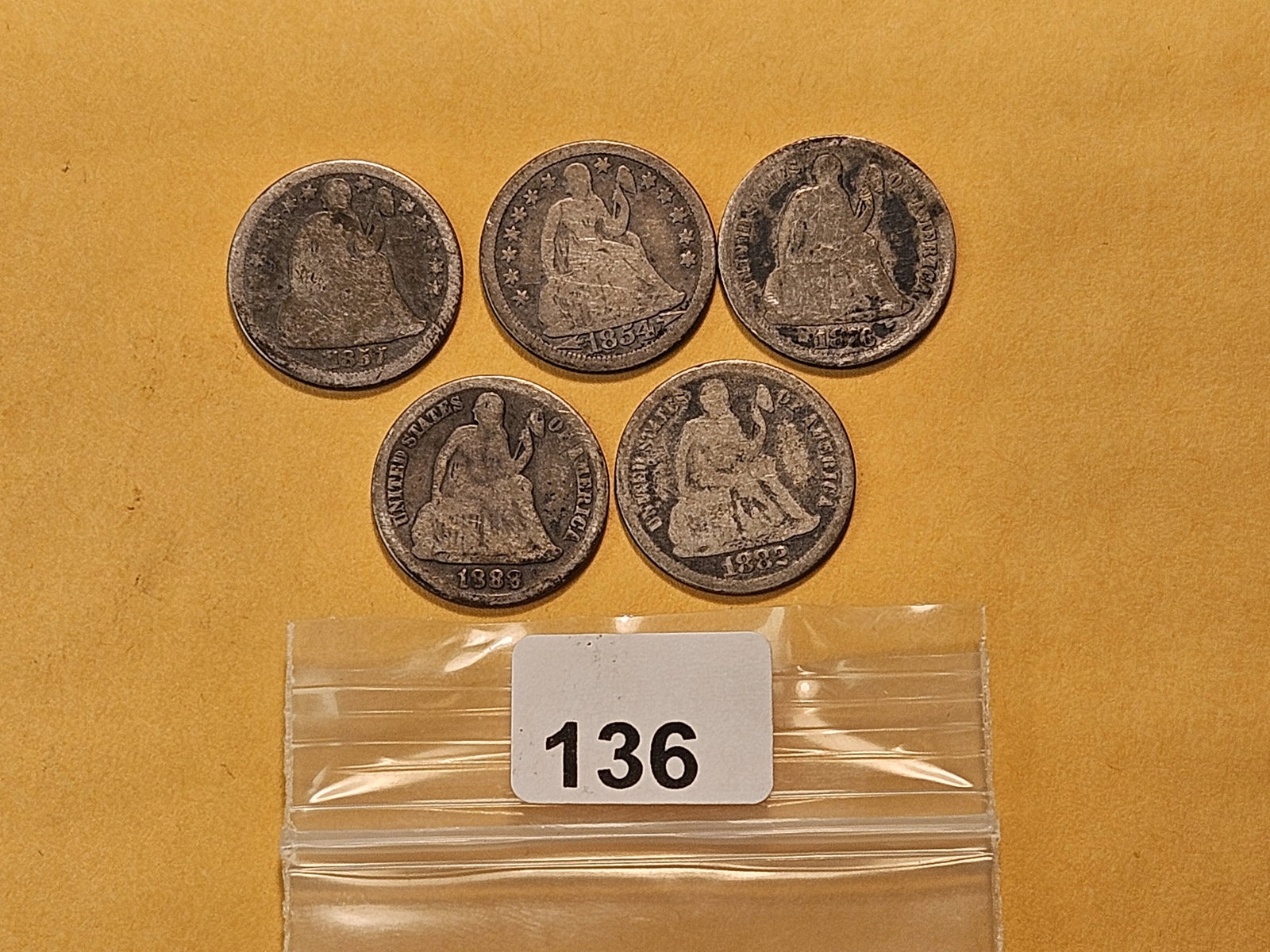 Five Seated Liberty Silver Dimes (1 of 4)