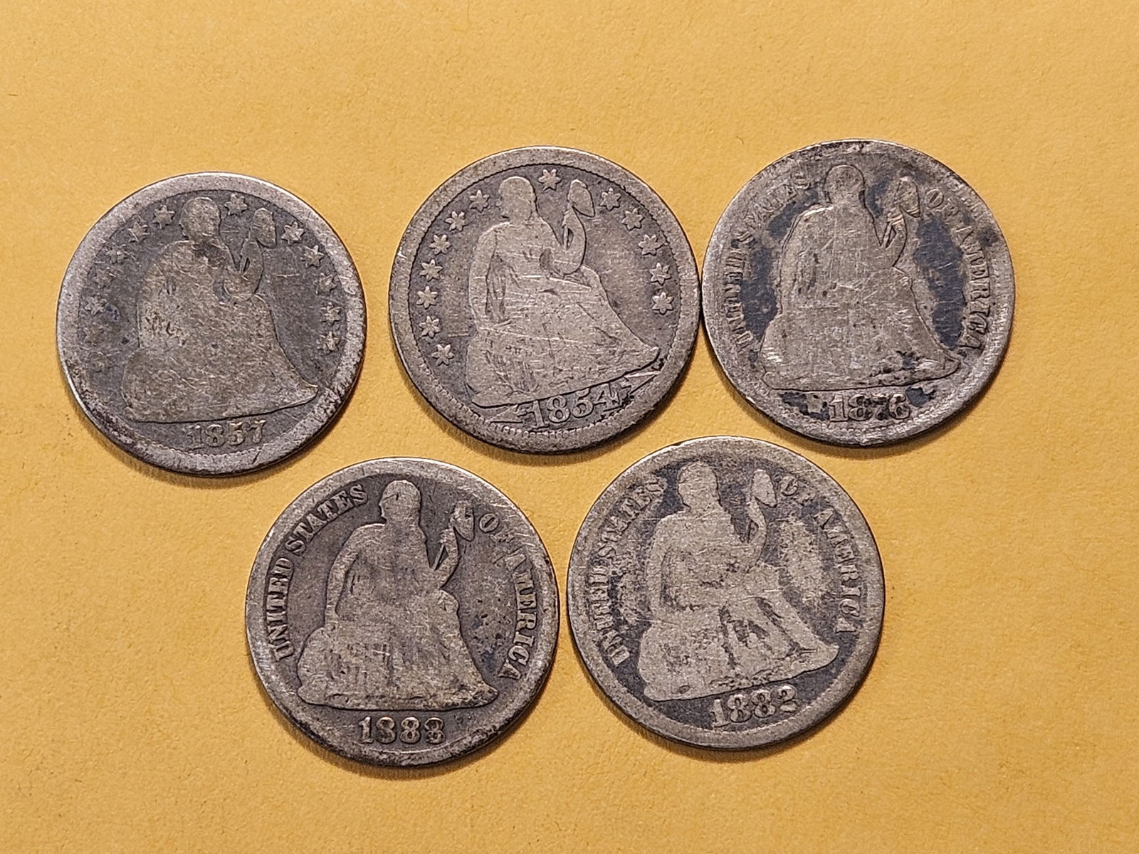 Five Seated Liberty Silver Dimes - 2