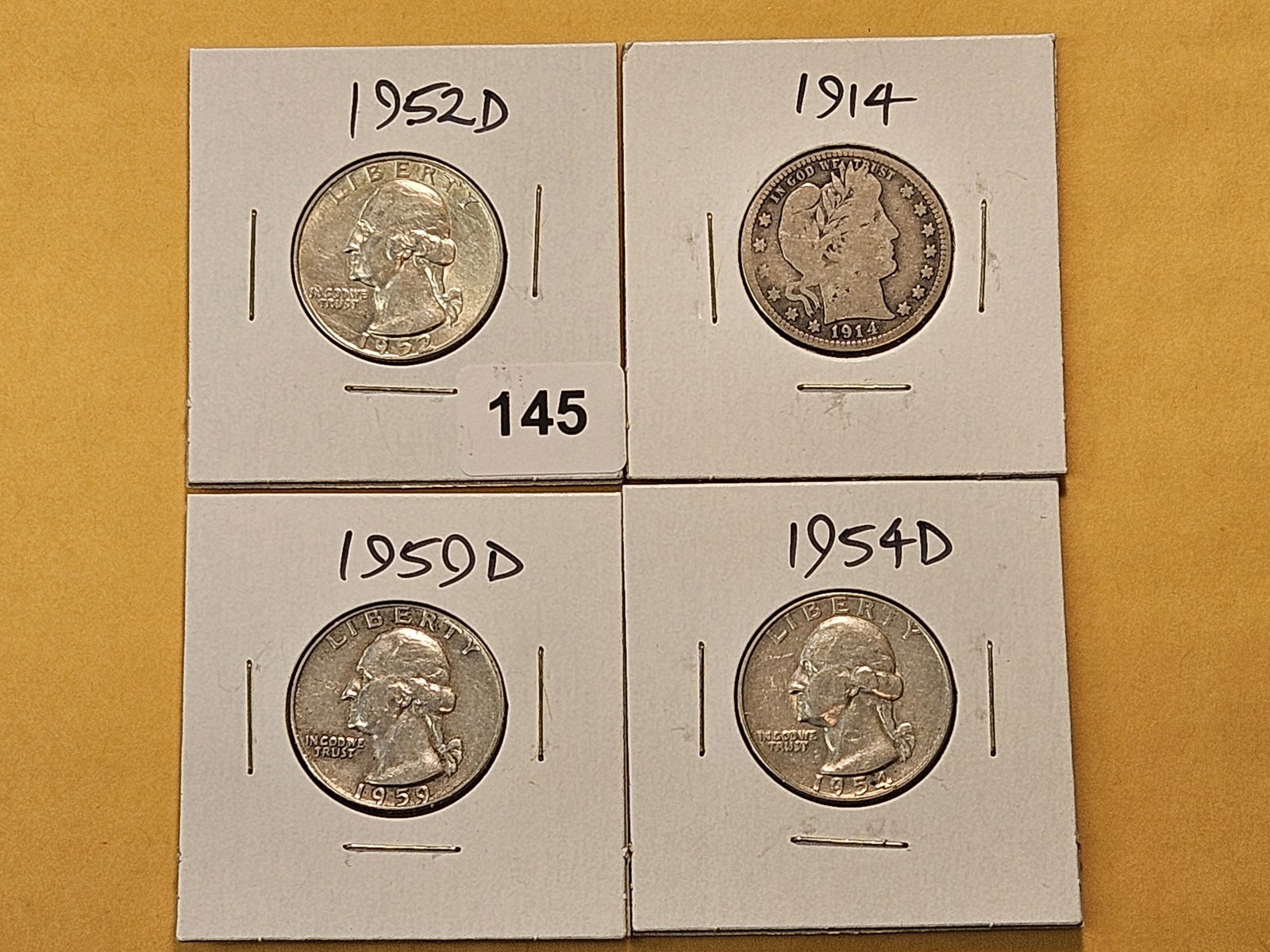 1914 Barber Silver Quarter and three Washington Silver Quarters (1 of 6)