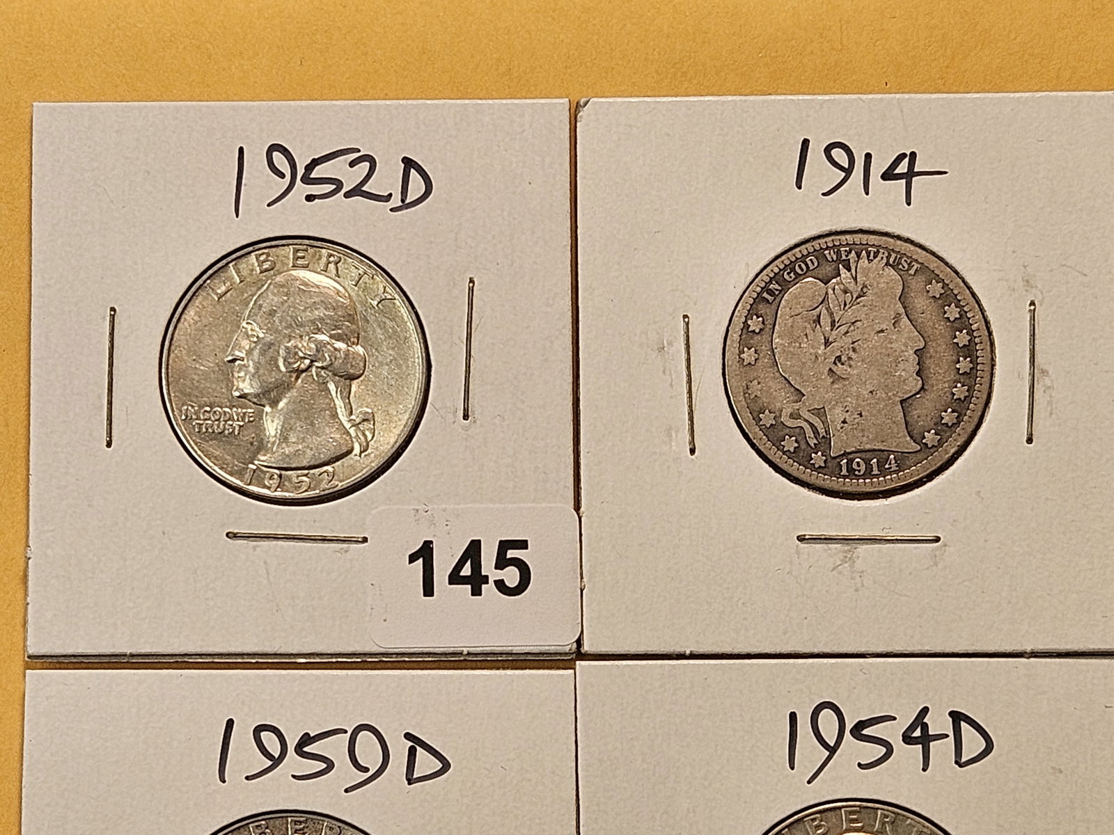 1914 Barber Silver Quarter and three Washington Silver Quarters - 2
