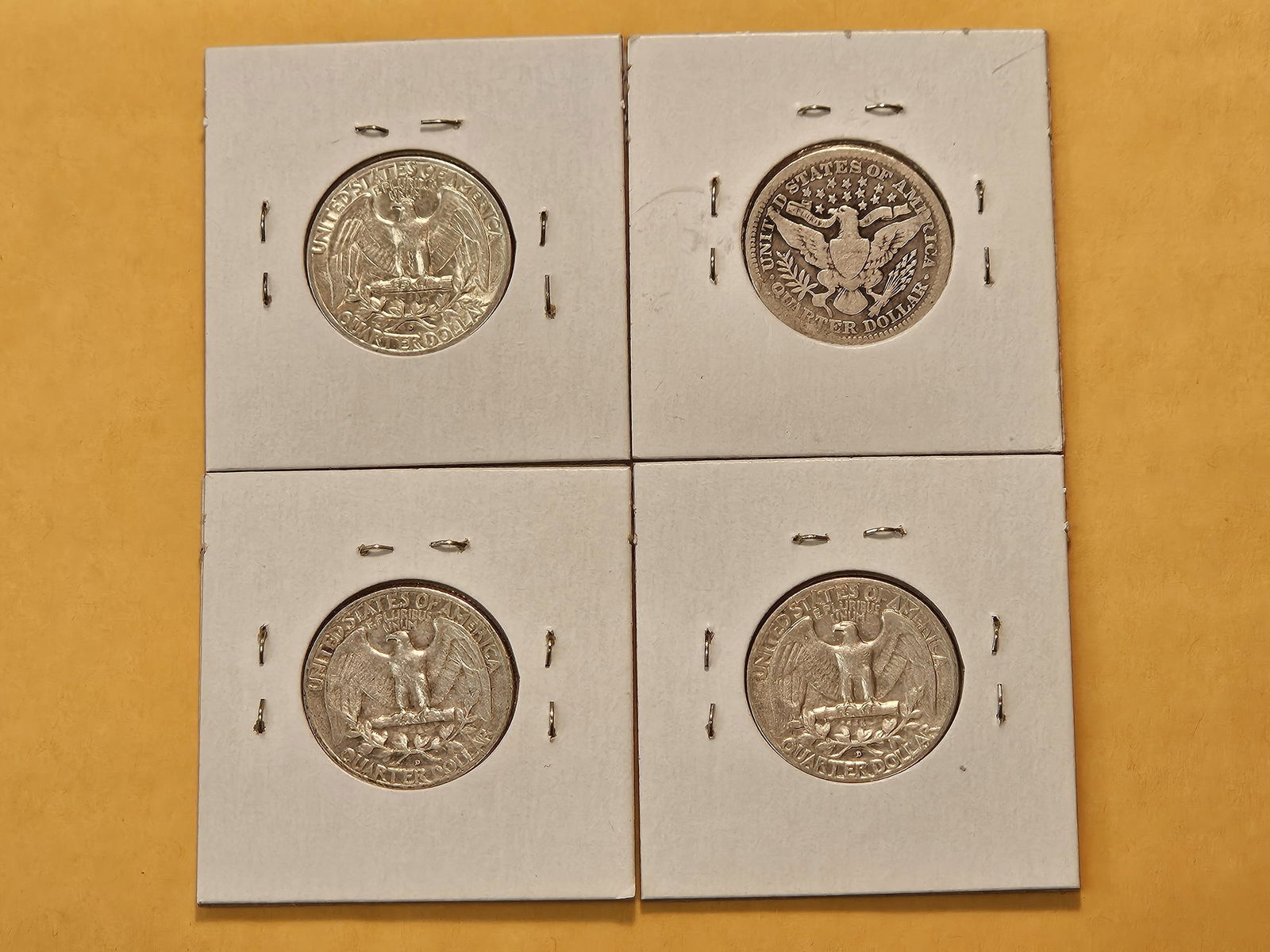 1914 Barber Silver Quarter and three Washington Silver Quarters - 4