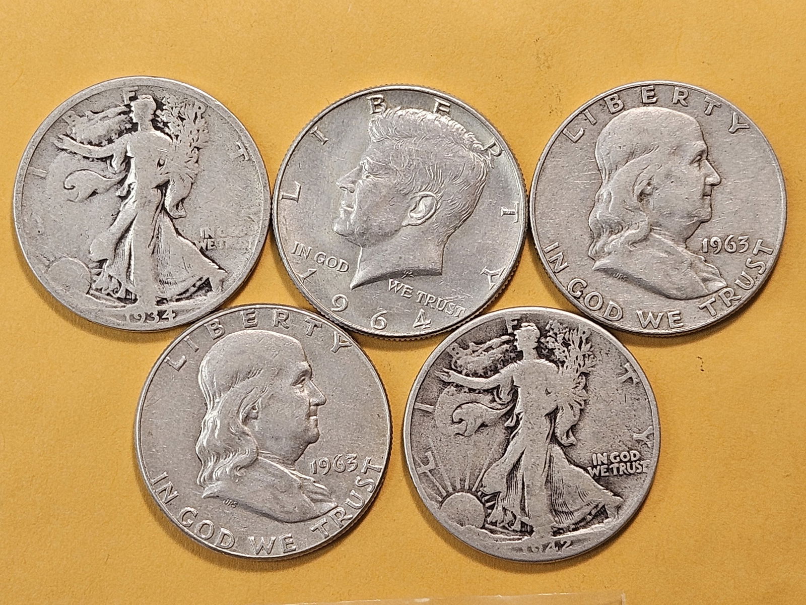 Five Circulated US Silver Half Dollars - 2