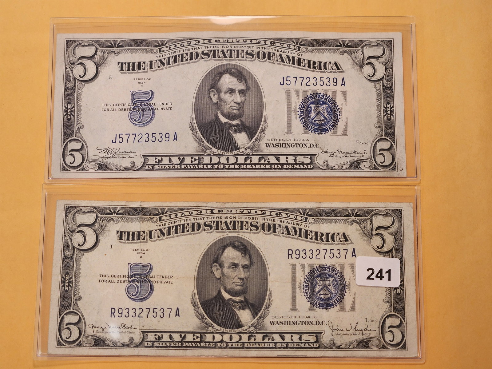 Two Lightly Circulated Five Dollar Blue Seal Silver Certificates (1 of 2)