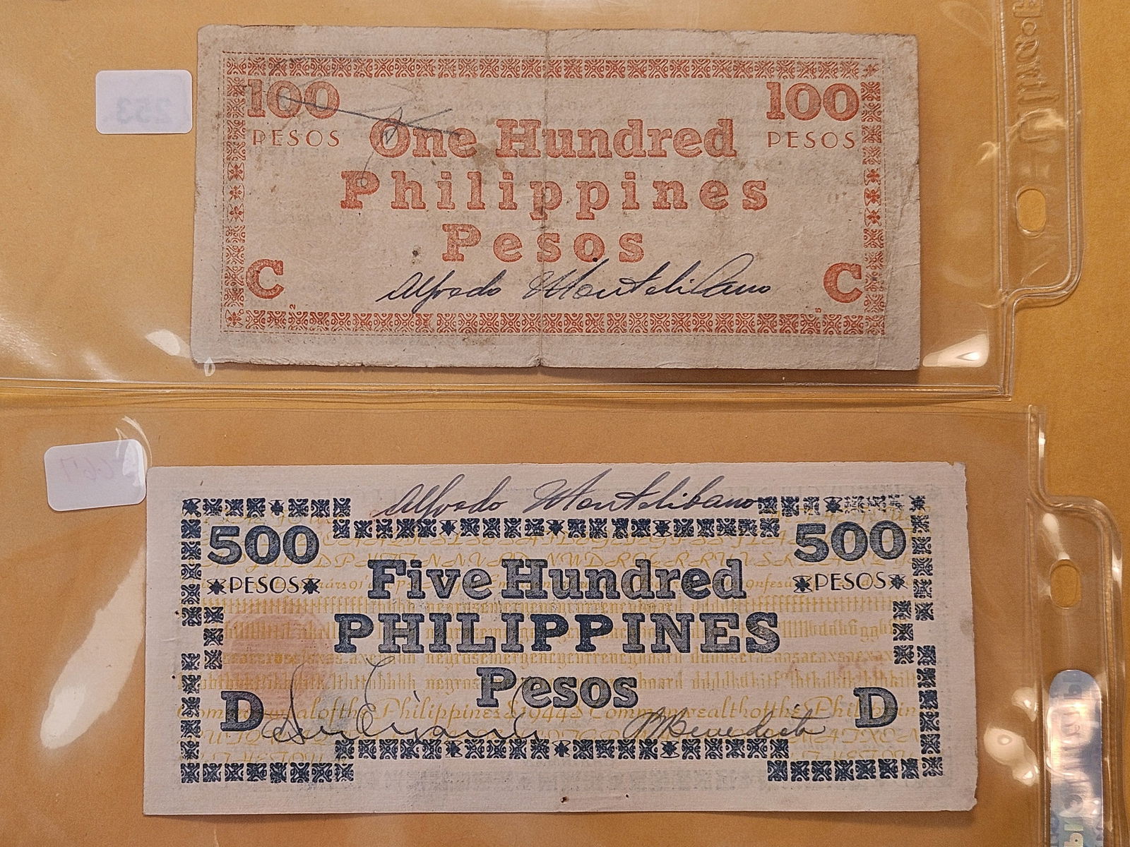 Two Large Denomination Philippines Notes from 1943 - 4