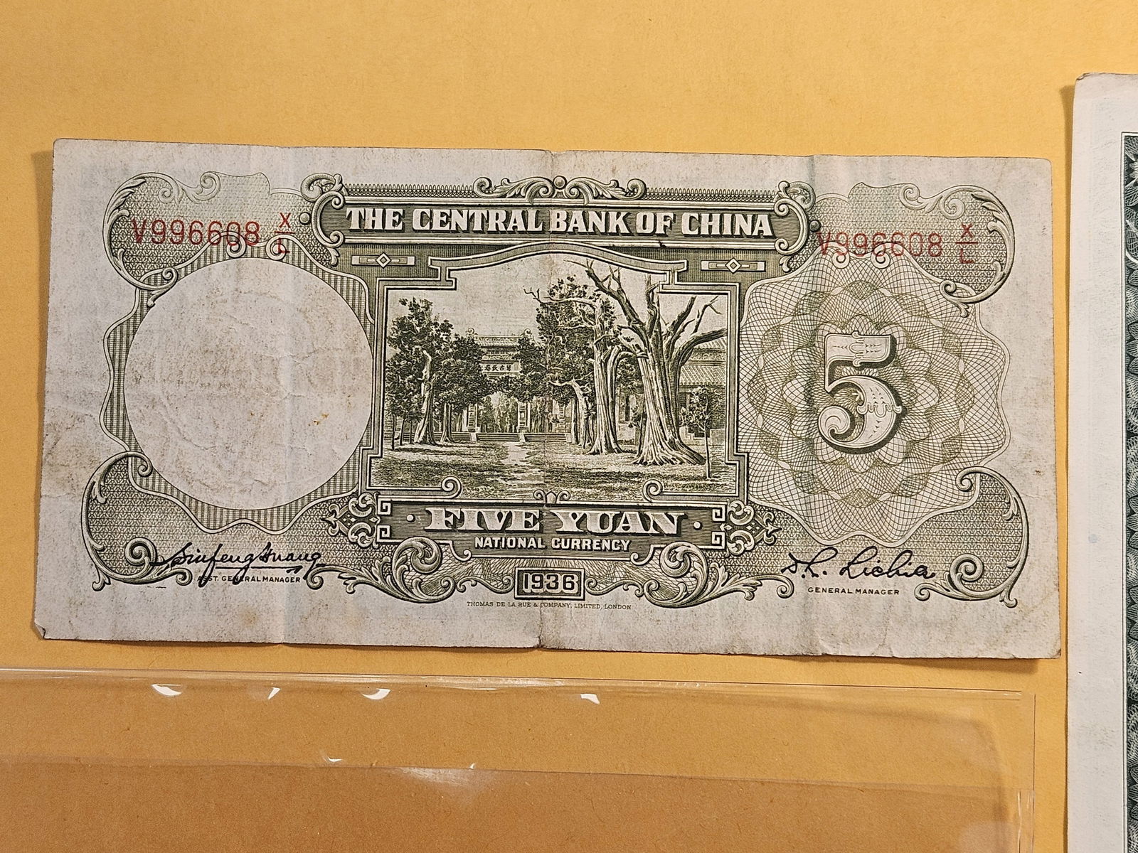 Chinese Series 1930 Twenty Customs Gold Unit Note and 1936 Five Yuan National Currency - 5