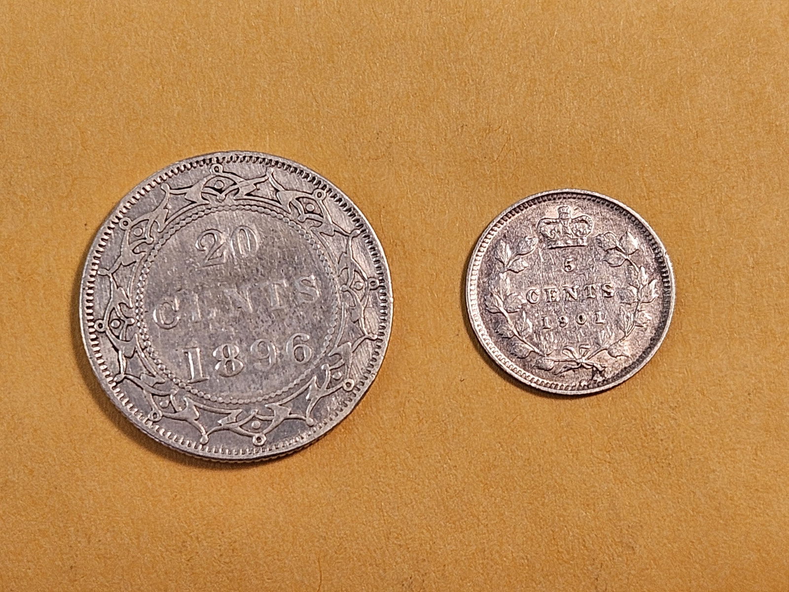 1896 New Foundland Silver Twenty Cents and Canada 1901 Silver Five Cents - 3