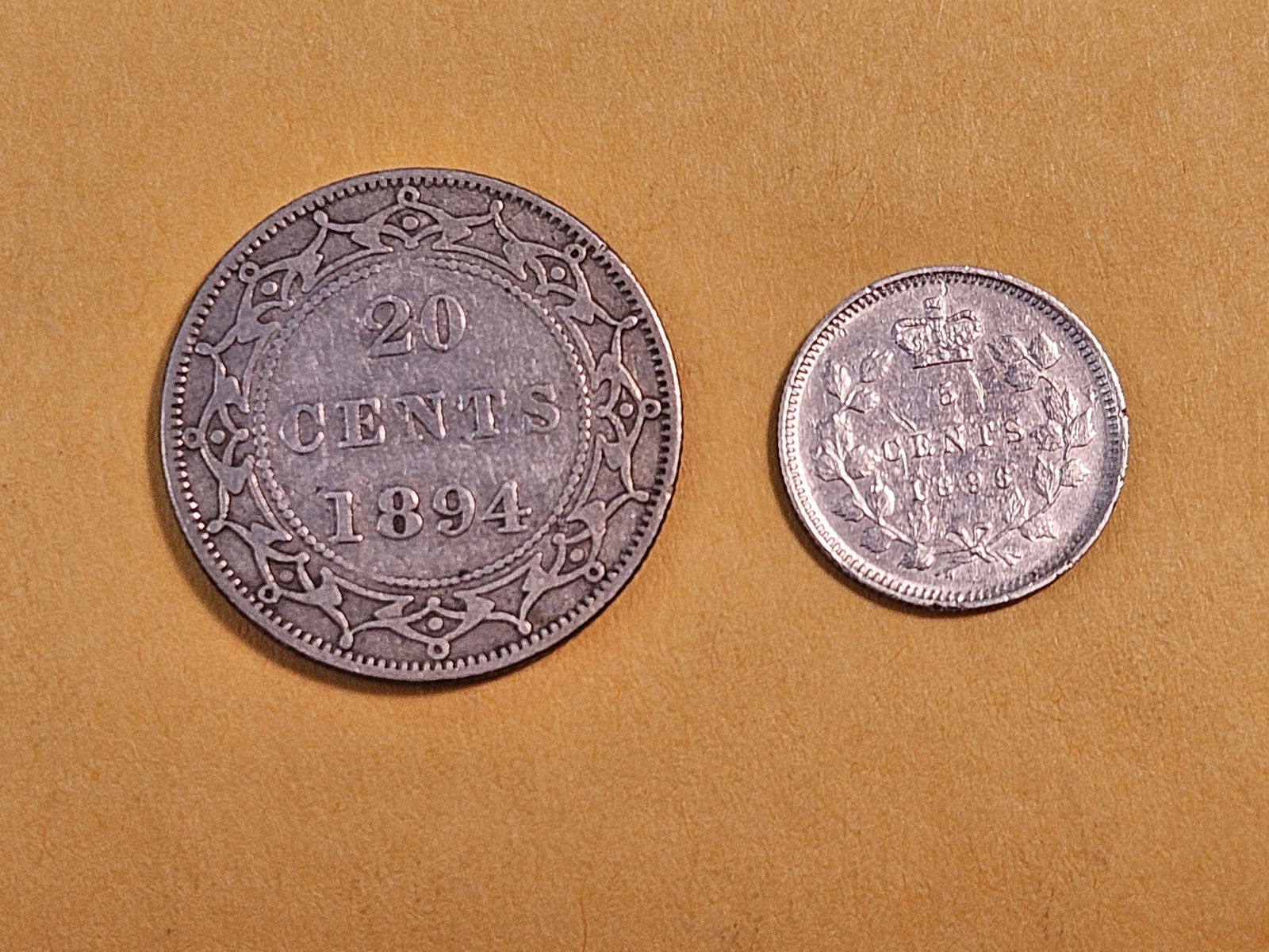 1894 New Foundland Silver Twenty Cents and Canada 1896 Silver Five Cents - 4
