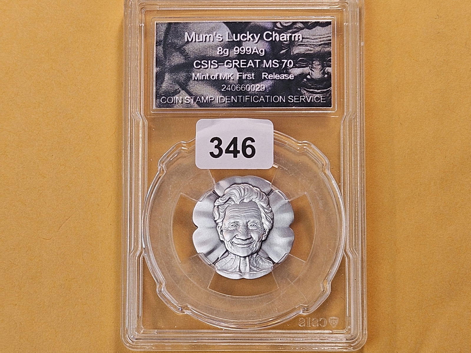 SILVER! Mum's Lucky Charm in CSIS Holder Graded MS-70 - 2