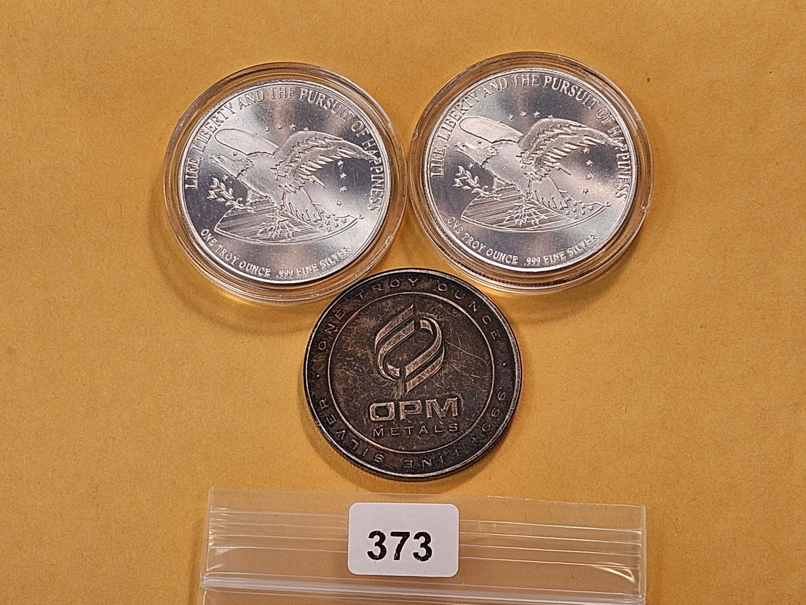 Three 1 Troy Ounce .999 Fine Silver Rounds: Two Bill of Rights and one OPM Metals 