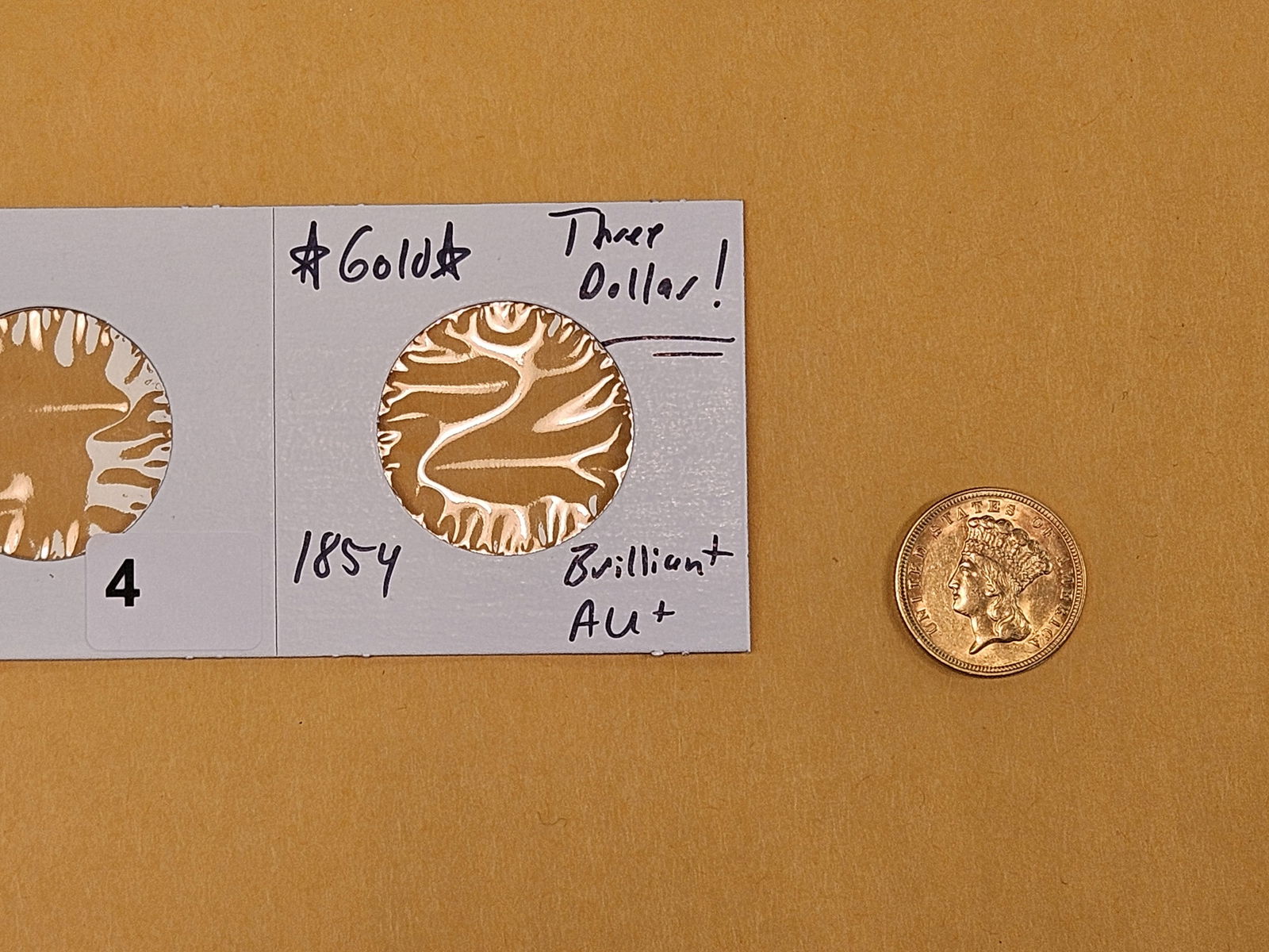 ** SCARCER ** Brilliant About Uncirculated plus 1854 THREE DOLLAR gold piece - 2